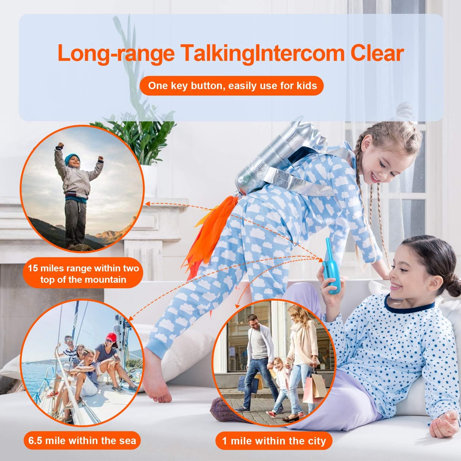 Diagram showing the different buttons and features of the walkie talkie, including channel, volume, talk, and power buttons.