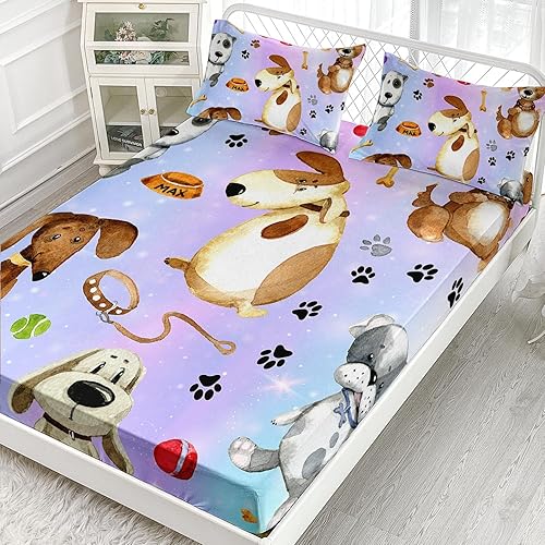 Miniatura 2 de AILONEN Juego de sábanas bajeras de tamaño individual para cachorros, juego de sábanas de perro de dibujos animados para mascotas, color rosa y azul