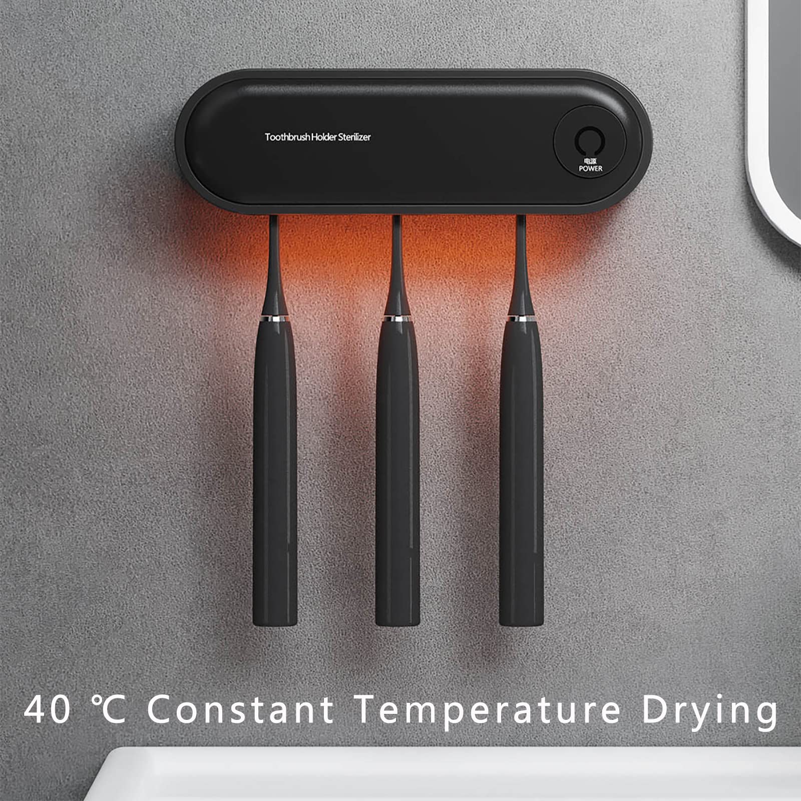 Porta Cepillo de Dientes, Soporte Cepillo de Dientes con Función Esterilizador Secado, Estuche Cepillo Dientes USB Recargable con LED, Organizador Baño Negro