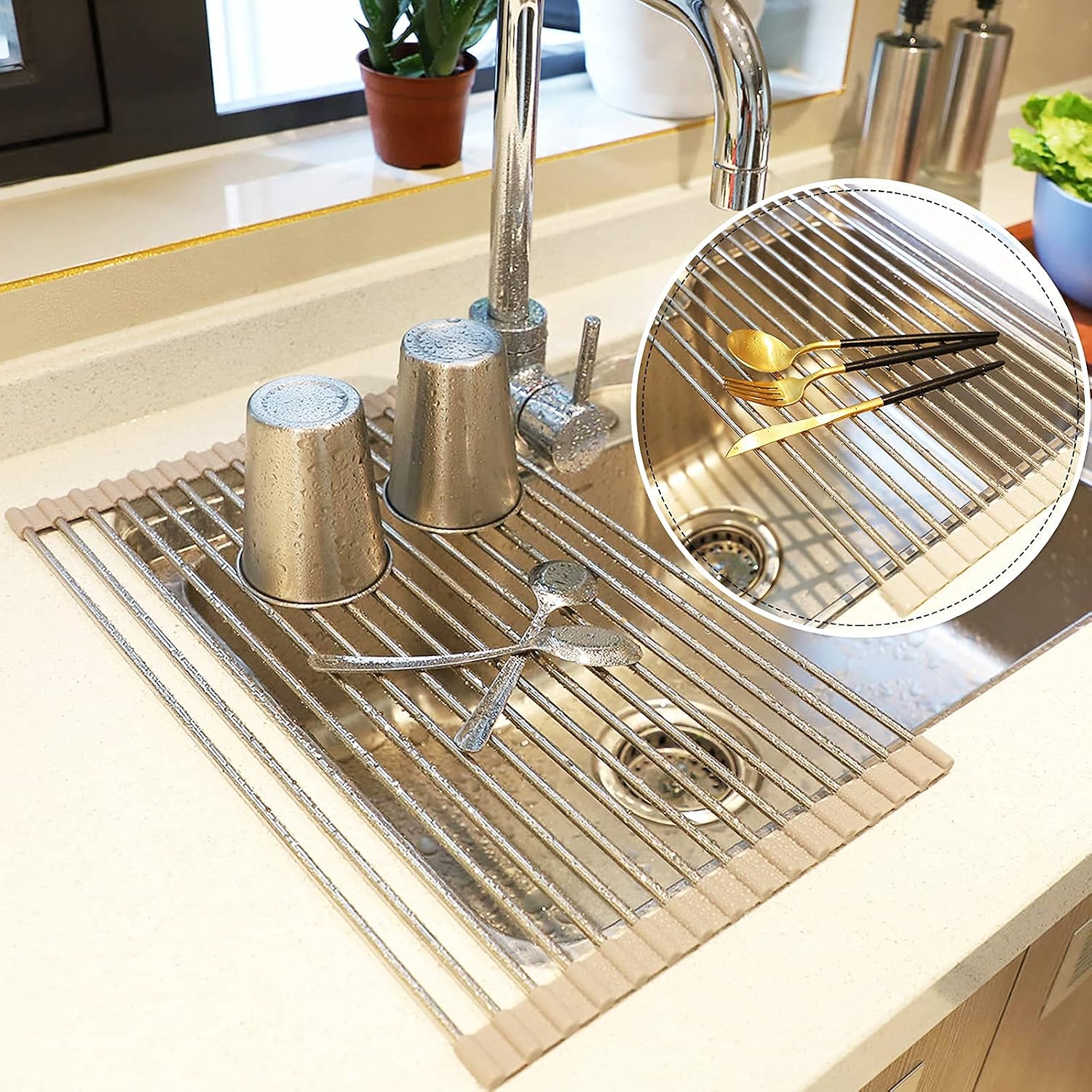 SHUYUE 17.8" L x 11.2" W Roll up Dish Drying Rack Foldable Dish Rack Multipurpose Dish Drainers Over The Sink Dish Drying Rack Roll-up Drying Rack SUS304 Dish Drying Rack