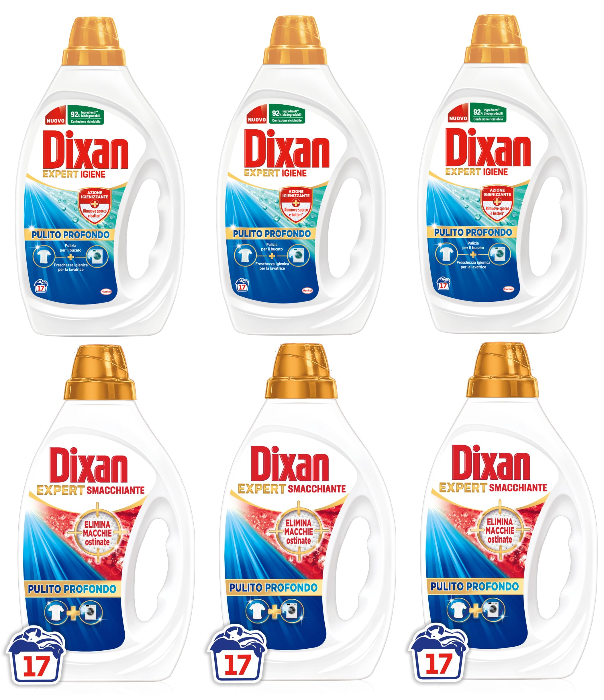 Dixan Expert Detersivo Lavatrice Liquido, 3 Confezioni Smacchiante + 3 Confezioni Igiene, 6 x 17 lavaggi - 120 Lavaggi. Rimuove le macchie da 20°C