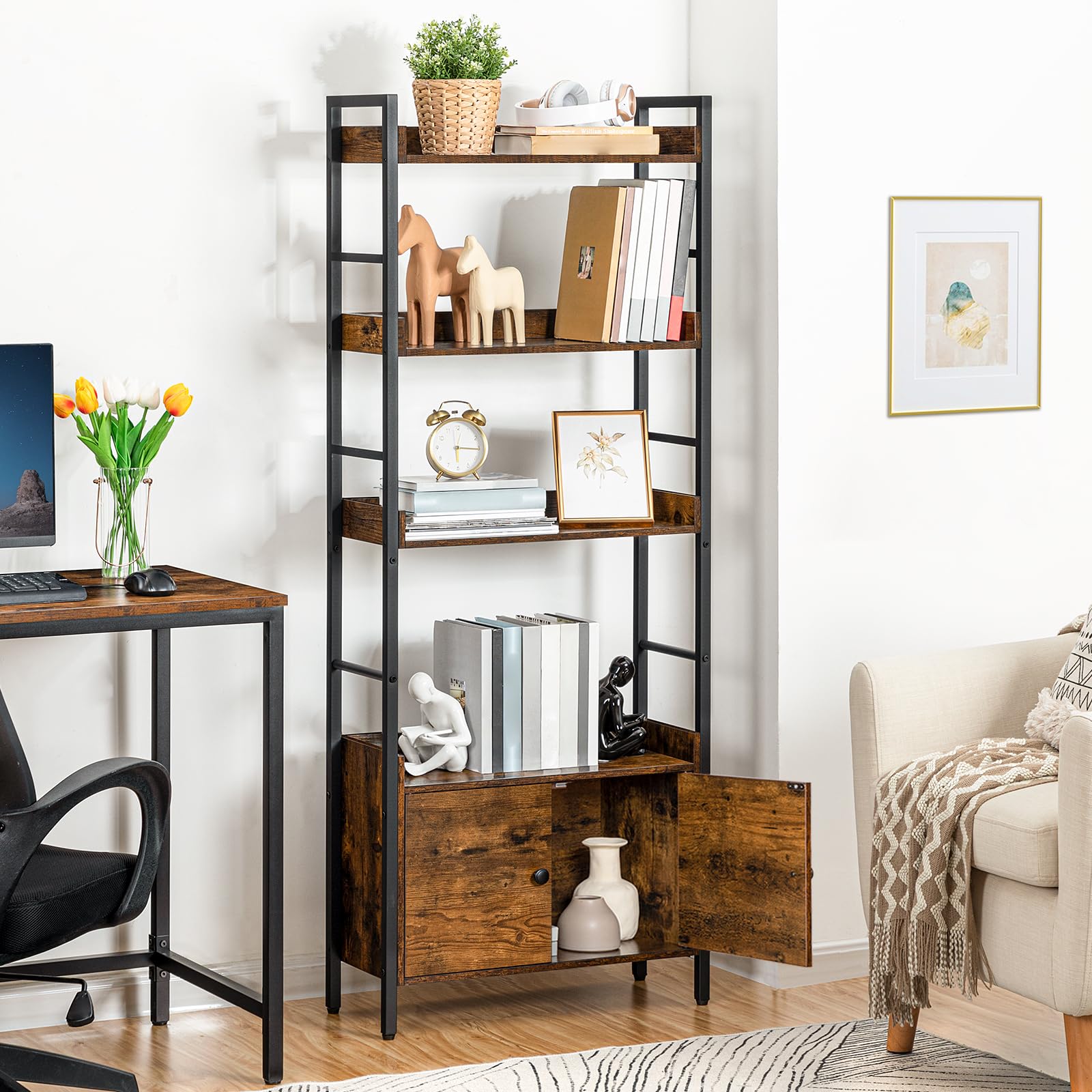 HOOBRO Estantería con 4 Niveles, Librería de Estilo Industrial de Madera con Taquilla, Estantes de Almacenamiento con Bordes Alrededor, para Oficina de Casa, Sala de Estar, Cocina EBF46SJ01