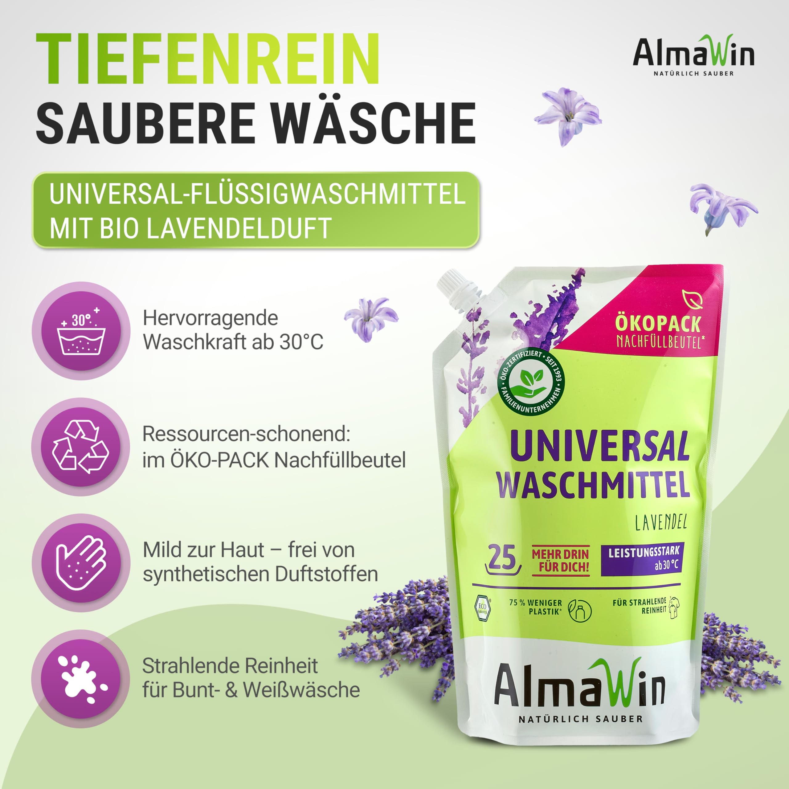 AlmaWin® Universal Waschmittel Flüssig [2x 1,5L - 50 Ladungen] mit Lavendelduft - Flüssigwaschmittel sauber ab 30°C - Waschmittel für Weißes & Buntes im Öko-Pack Nachfüllbeutel - Öko & VEGAN
