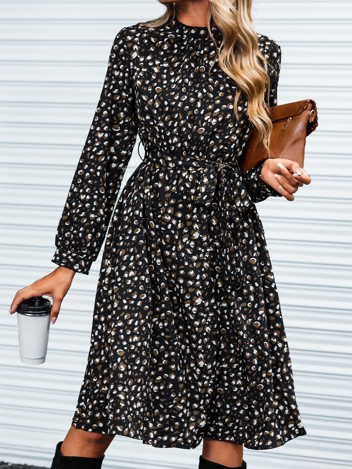 CUPSHE Robe midi pour femme - Coupe trapèze fluide - Imprimé moucheté - Manches longues - Col haut - Volants - Automne - Robe de cocktail décontractée