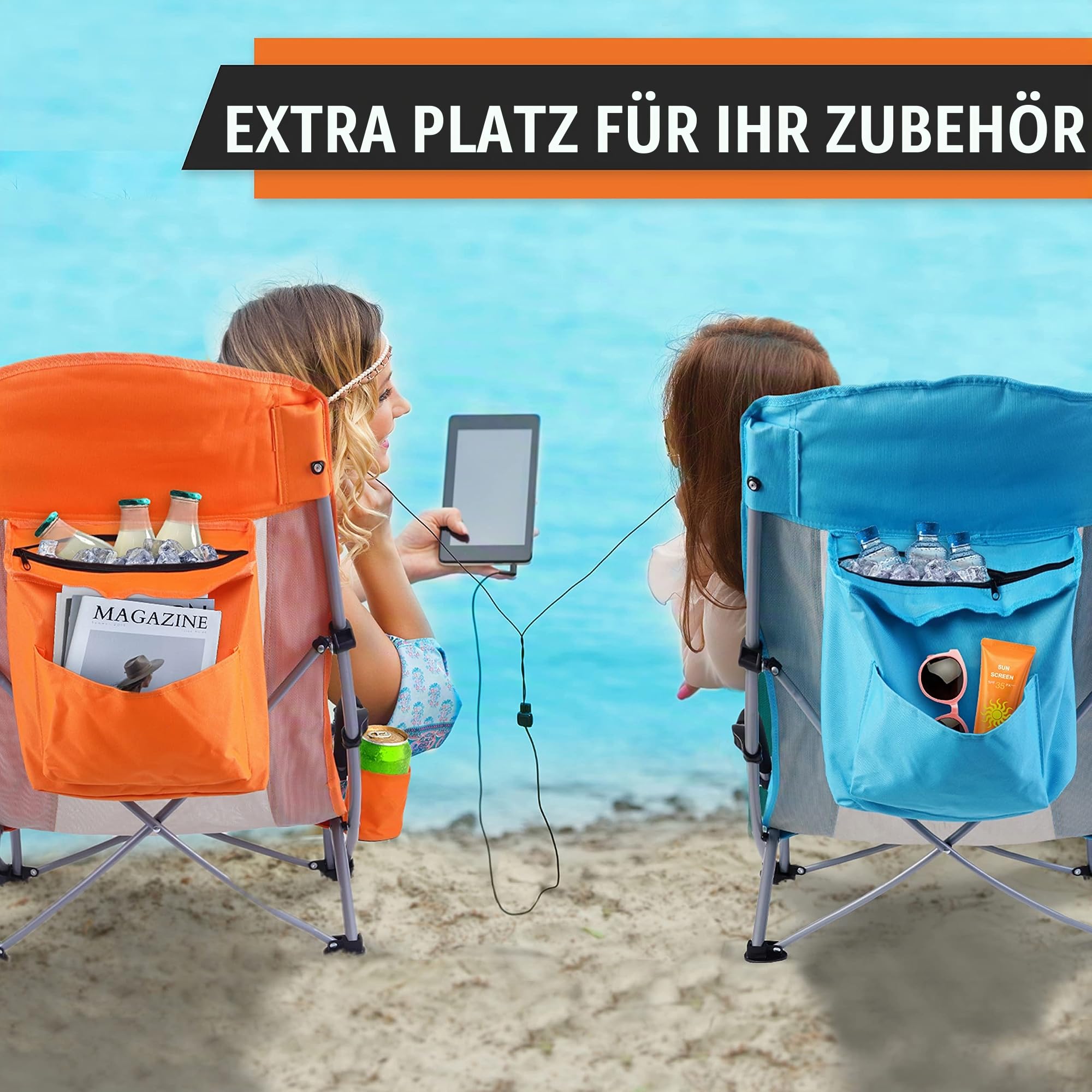 Nice C Strandstuhl Klappbar Leicht, Strandstühle Faltbar, Strandstühle, Campingstuhl, Campingstuhl Faltbar, Klappstuhl mit Kühler, Kompakt, Hohe