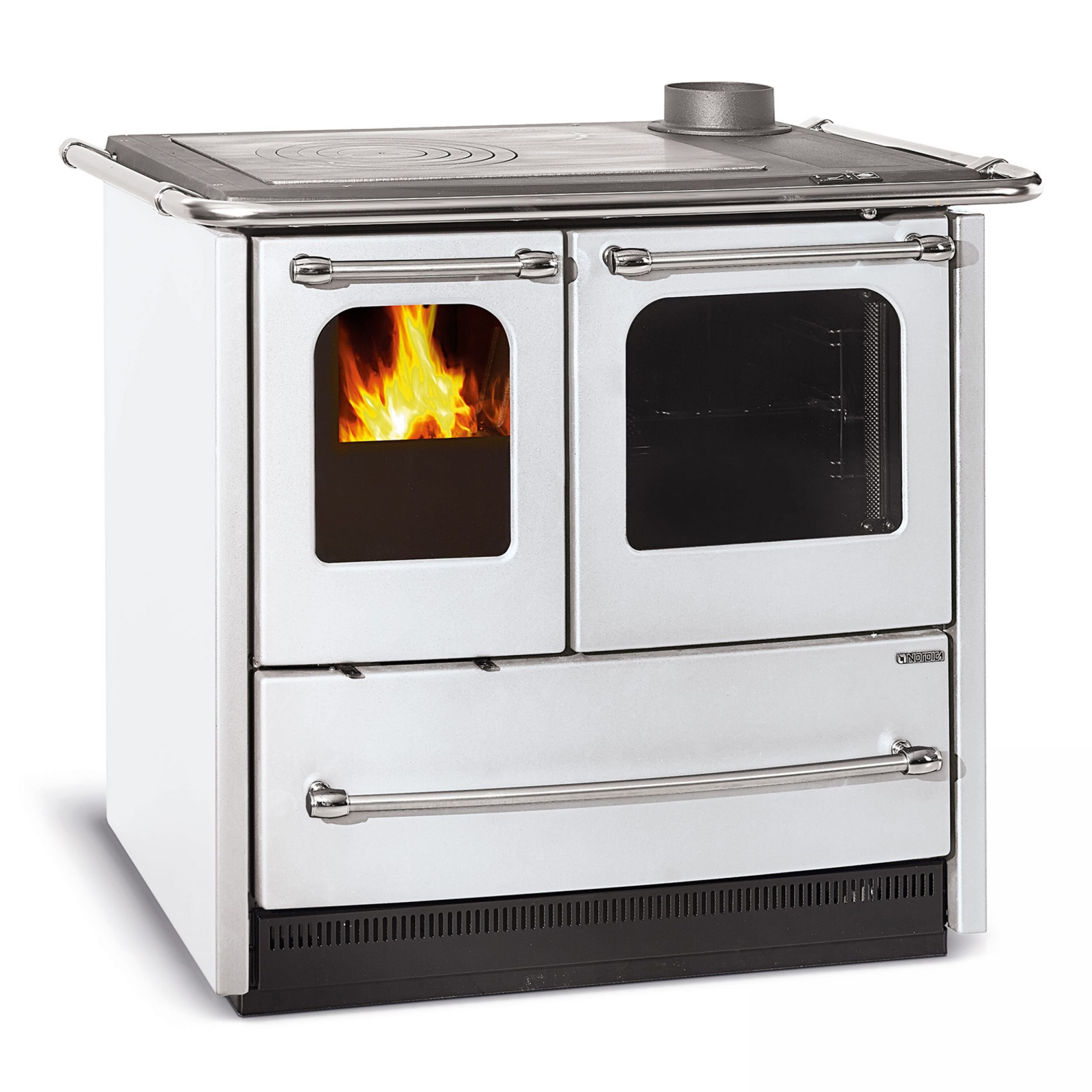 Cucina A Legna 'Sovrana Easy' Rivestimento Esterno In Acciaio Porcellanato. Telaio, Piastra E Cerchi In Ghisa. Forno Smaltato Panoramico. Cassettone Portalegna. Focolare In Ghisa Con Sistema Di Post Combustione, Griglia Fuoco In Ghisa. Porta Fuoco Con Dop
