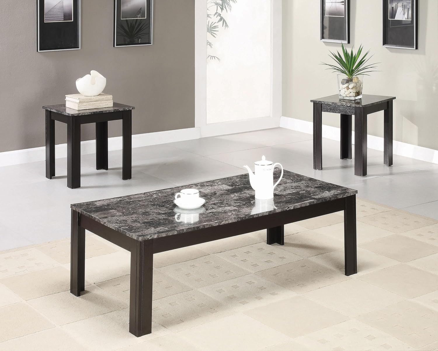Coaster Home Furnishings - Rhodes - 3-Piece Wood Coffee Table Set with Faux Marble Top, Square Legs and Angled Corners - Living Room - Gray - 700375