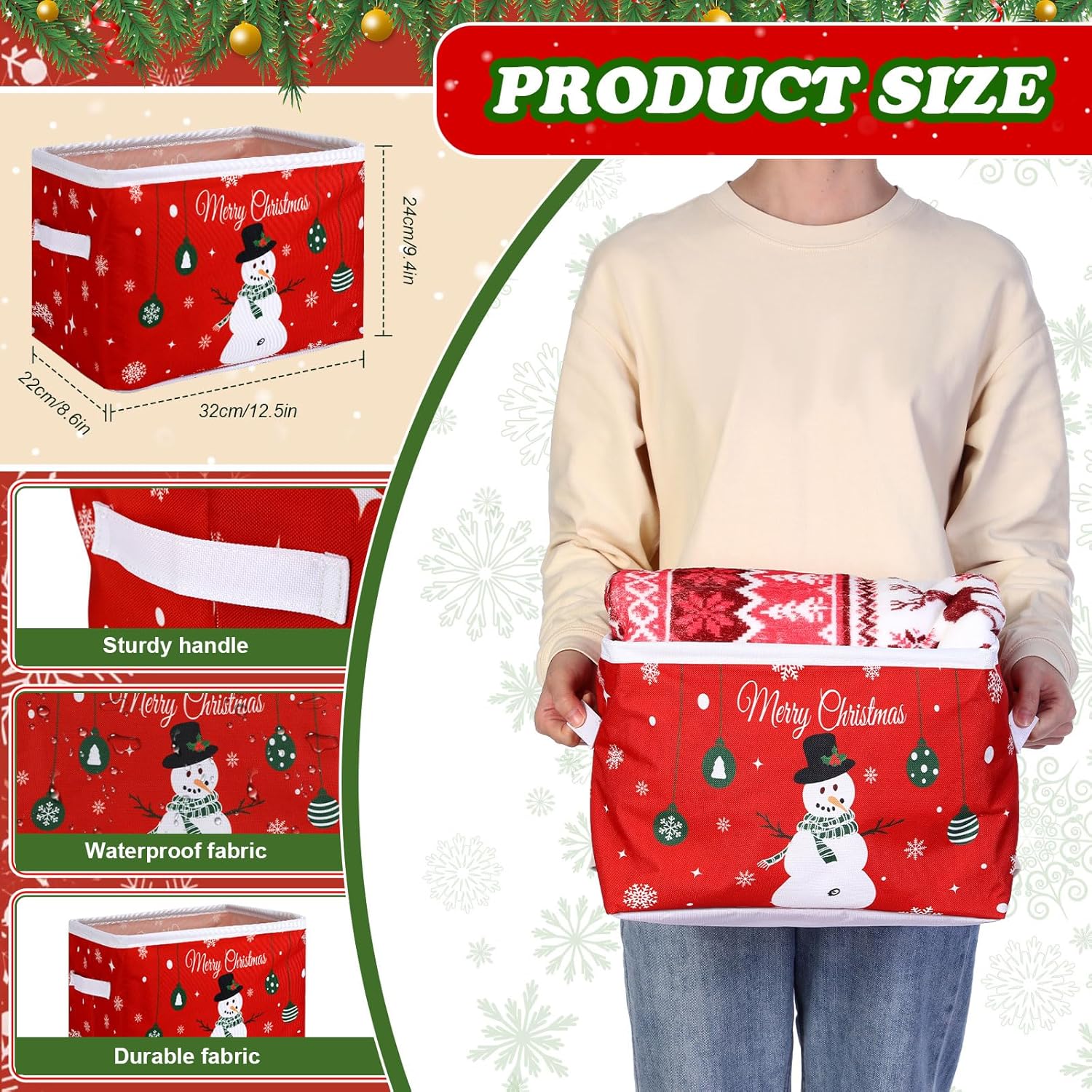 4 Pcs Christmas Basket for Gifts Empty Christmas Storage Basket with Handles Fabric Laundry Storage Organizer Bag for Baby Book Clothing(Snowman)