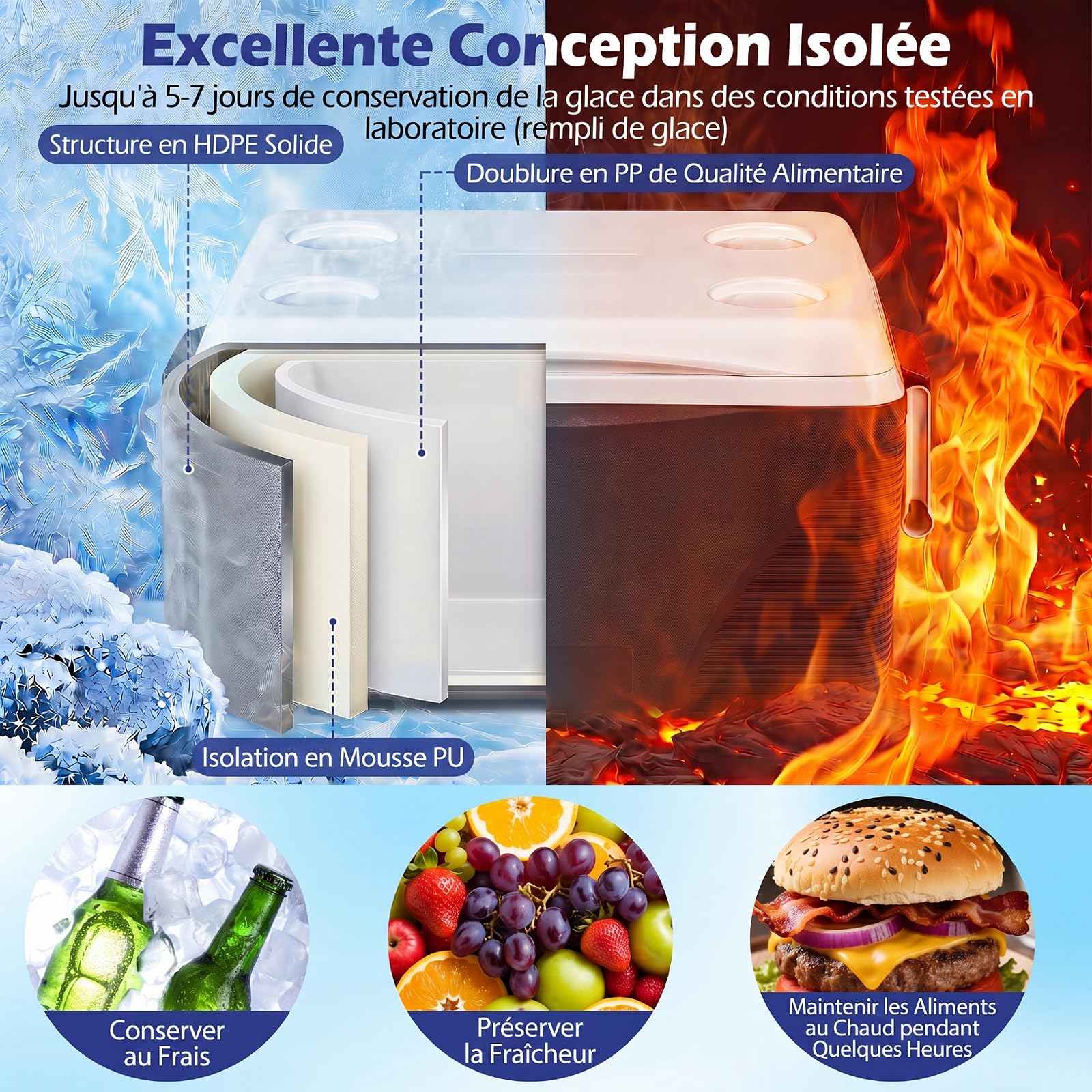 COSTWAY Glacière Rigide 41L Isotherme, Boîte Réfrigérante Grande Capacité Maintien au Froid 5 à 7 Jours, Glacière Isotherme Portable avec Porte-Gobelets, pour Pêche Pique-Nique Voyage