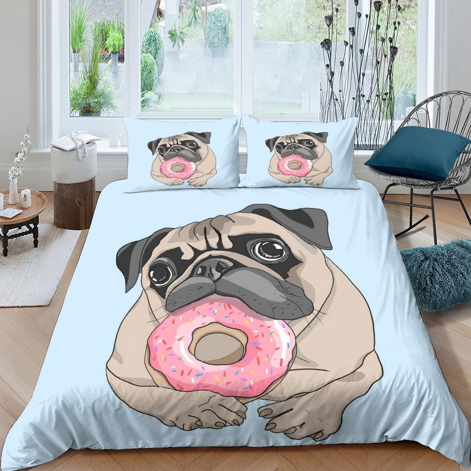 Ctjqhvkz Style-4 3D Printed Pug With Donut Fitted Sheet Microfiber Soft Blue Animal Mattress Cover For Bedroom Guest Room Home Decor Single（135X200cm）