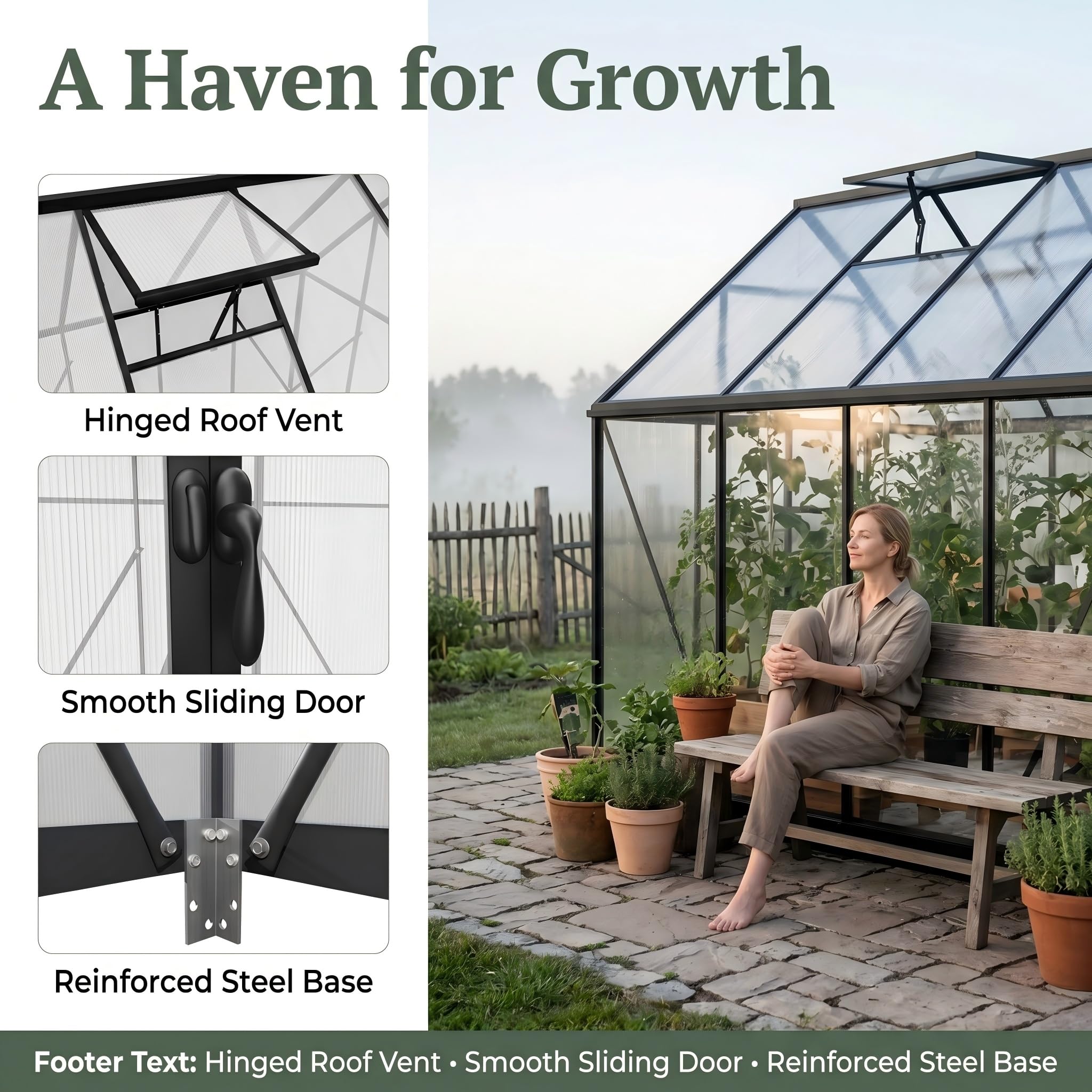 YRHome Aluminium Gewächshaus 249,5x379,5x204,5cm, 5.2mm Polycarbonat Hohlkammerplatten, Schwarz, Gartengewächshaus Wetterfest Winterfest Garten Treibhaus Gartengewächshaus Schwarz