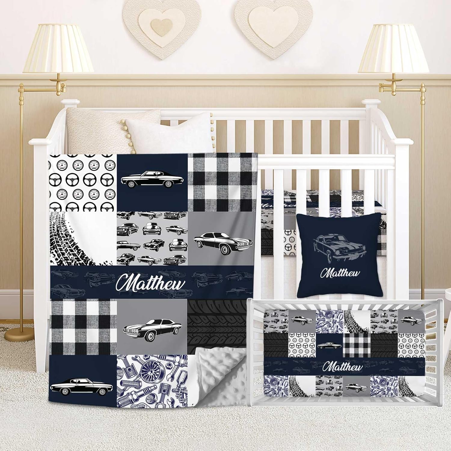 Custom Baby Crib Bedding Set, 3 Piece Personalized Name Car Navy Baby Crib Sets for Boys, Minky Blanket, Fitted Sheet, Pillowcase, Soft Nursery Bedding Set for Newborn Infant Toddler Gifts