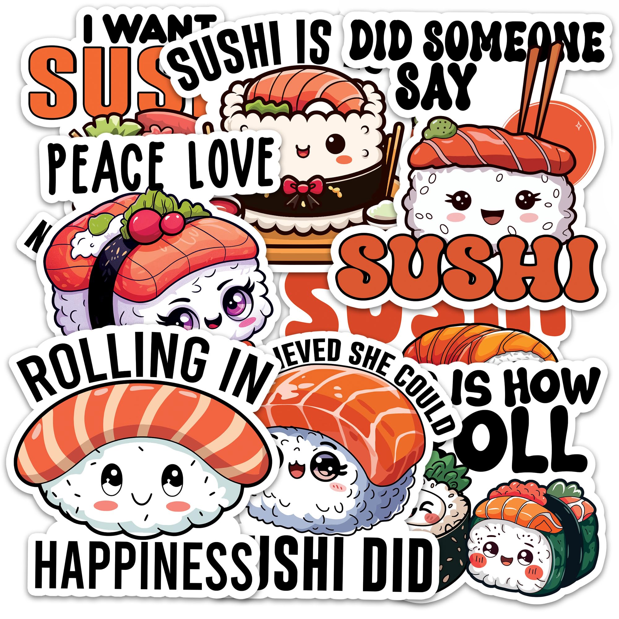Sushi Sticker 8 Pcs (Large Size) Vinyl Stickers Laptop Waterproof Decal for Car Bumper Water Bottle Notebook Luggage Window Birthday Decorations -