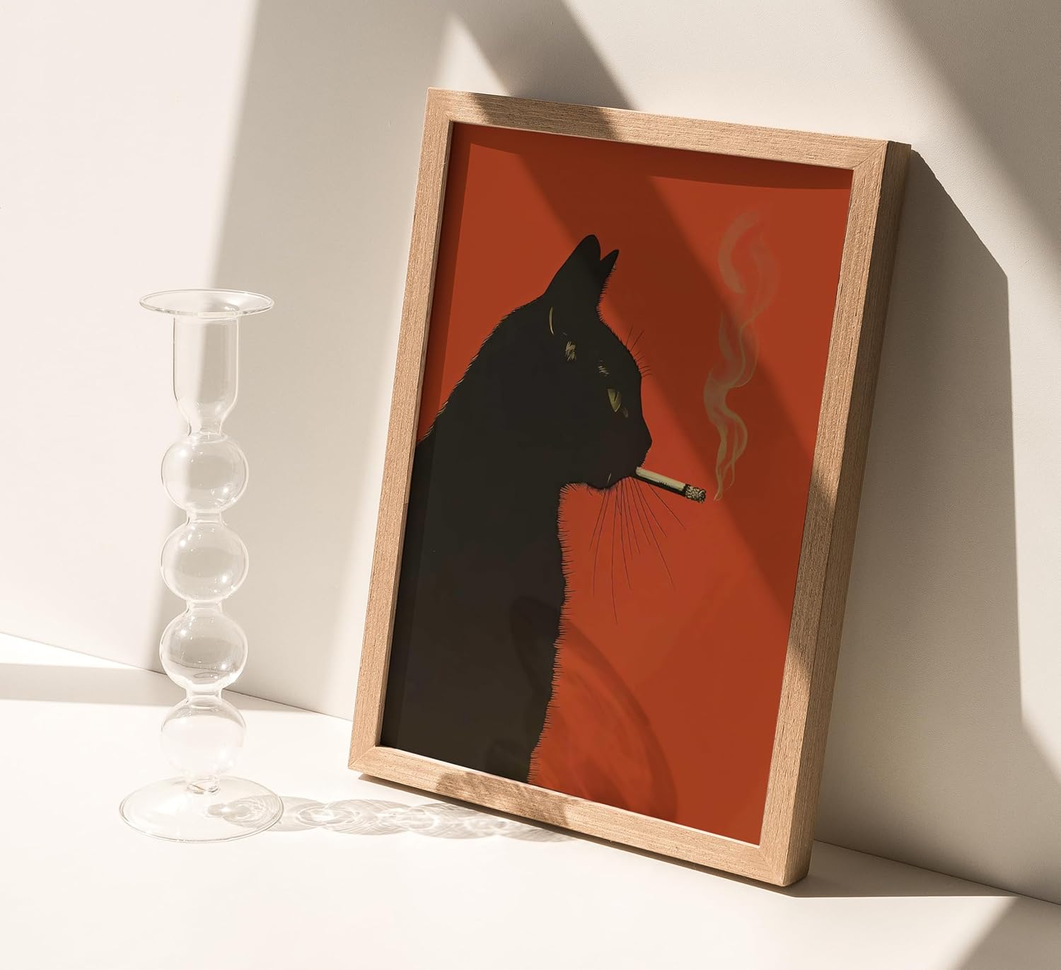 Wood Framed Vintage Black Cat Wall Art Funny Cat Smoking a Cigarette Picture Wall Decor Whimsical Animal Poster Bar Cart Painting Print Artwork for Bar Kitchen Living Room Decoration