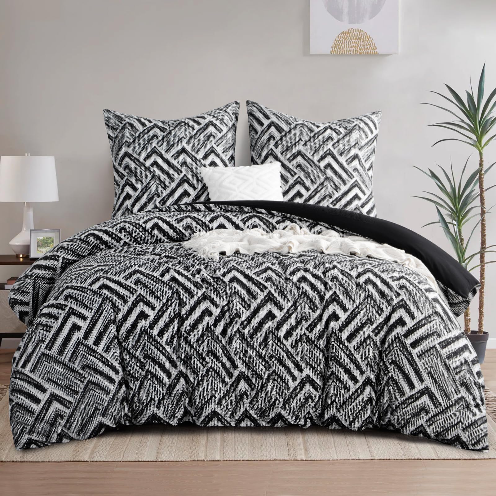 RUIKASI Bettwäsche 200x200 3 teilig Schwarz - Bettbezug 200 x 200 Set mit Geometrie Muster, Bettwäsche-Set 2x2m aus Mikrofaser mit Reißverschluss Weich und Bügelfrei