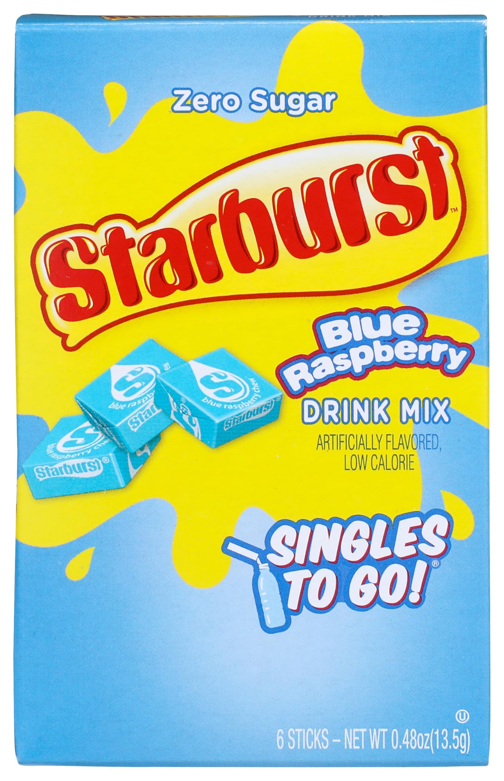 starburst zero sugar blue raspberry drink mix low calorie, 6 sticks, 13.5 g