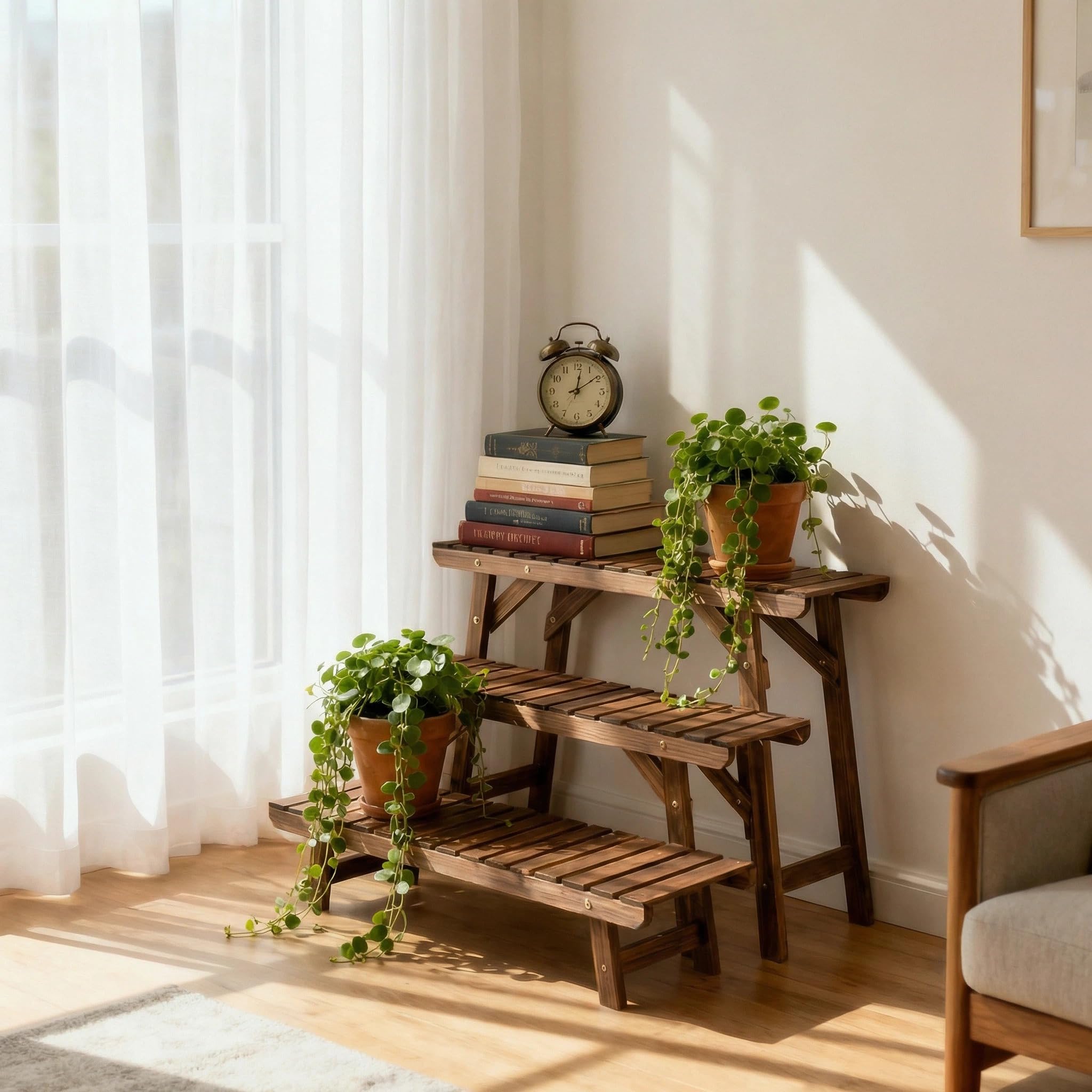 COSTWAY Estantería para Plantas de Madera, 3 Niveles Soportes Macetas Separados para Interior y Exterior, Estante Carbonizado de Escalera para Plantas y Flores, Jardín Patio Balcón, 70x25x14/34/53 cm