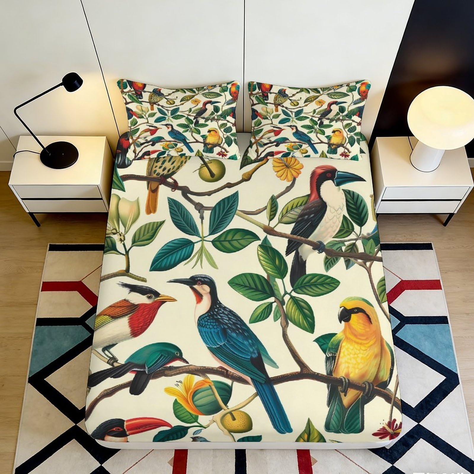 3D Printed Tropical Bird Fitted Sheet Microfiber Soft Colorful Parrot Branch Mattress Cover for Bedroom Guest Room Decor 90x200x25cm