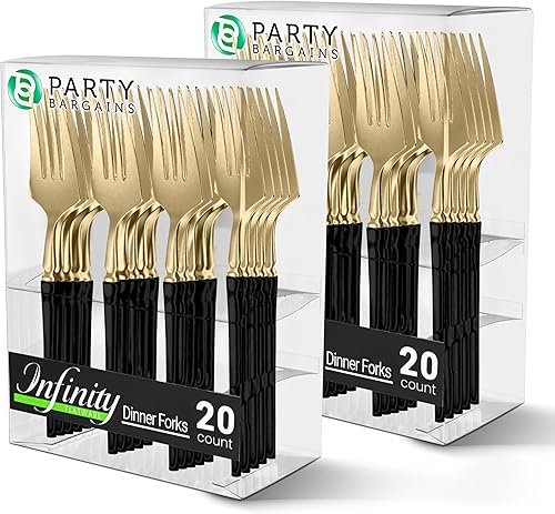 Miniatura 1 de Party Bargains Juego de cubiertos de plástico, 80 unidades, diseño infinito, doradonegro, 32 tenedores, 16 cuchillos, 32 cucharas, cubiertos