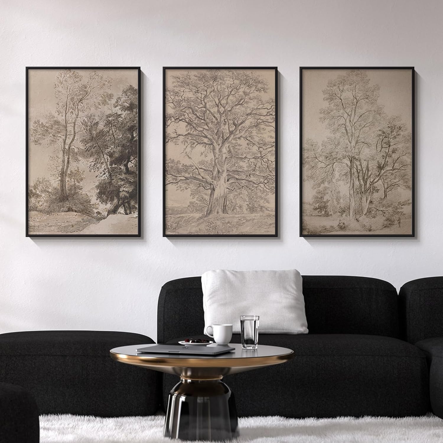 ARPEOTCY 3 Pcs Oversized Framed Canvas Wall Art, Large Vintage Wall Art for Living Room Bedroom Office, 24x36inch Sketch Forest Landscape Home Decor, Retro Rustic Farmhouse Painting