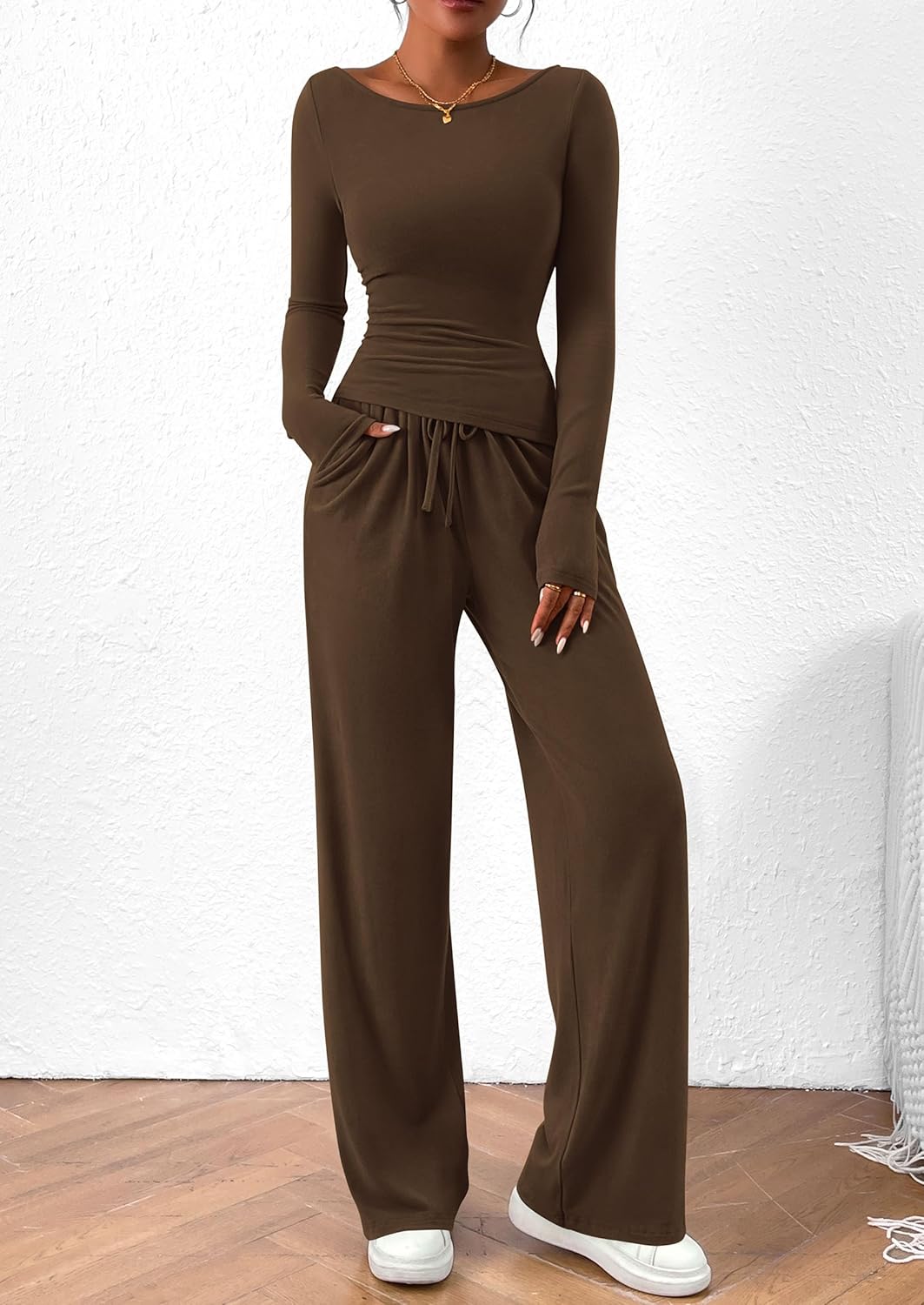 PRETTYGARDEN Women's 2 Piece Lounge Sets Asymmetrical Long Sleeve T Shirt Wide Leg Pants Casual Outfits Tracksuit - Image 5