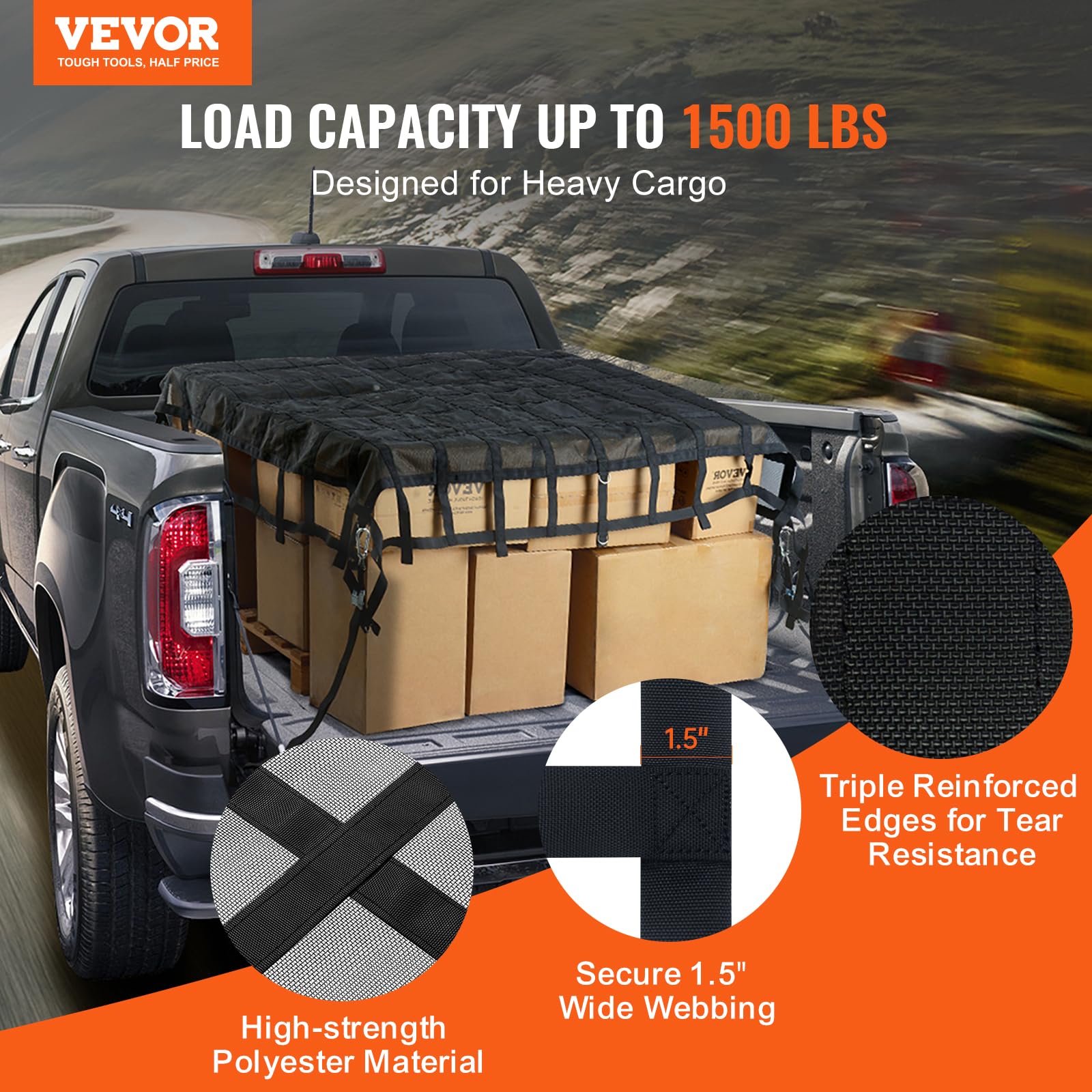VEVOR Rete di Carico, 2440 x 2060 mm Rete di Carico per Camion ad Alta Resistenza per Cassone di Camion, 4 Cinghie Regolabili, Moschettoni e Ganci a S, Resistente all'Usura e alle Intemperie, per SUV