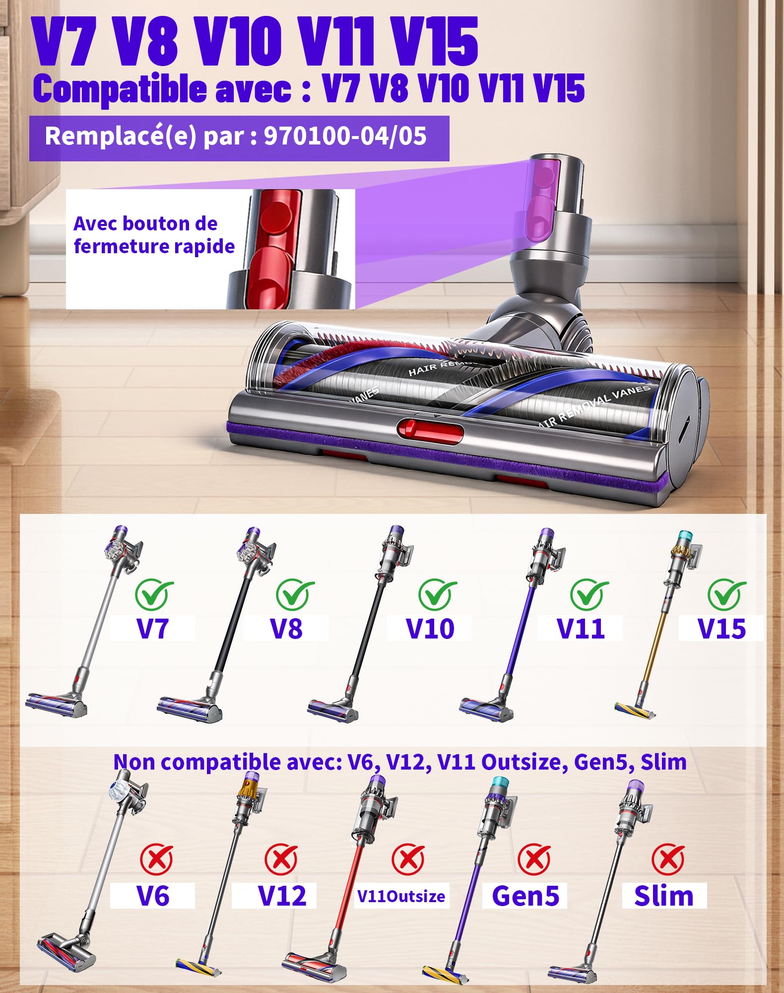 Brosse pour Dyson V11 V15 V10 V8 V7 Tête de Nettoyage pour Dyson SV10 SV11 SV12 SV14 Aspirateur À Couple Élevé Anti-Enchevêtrement Aspiration Réglable de Rechange Pièce No.970100-05 & 970100-04