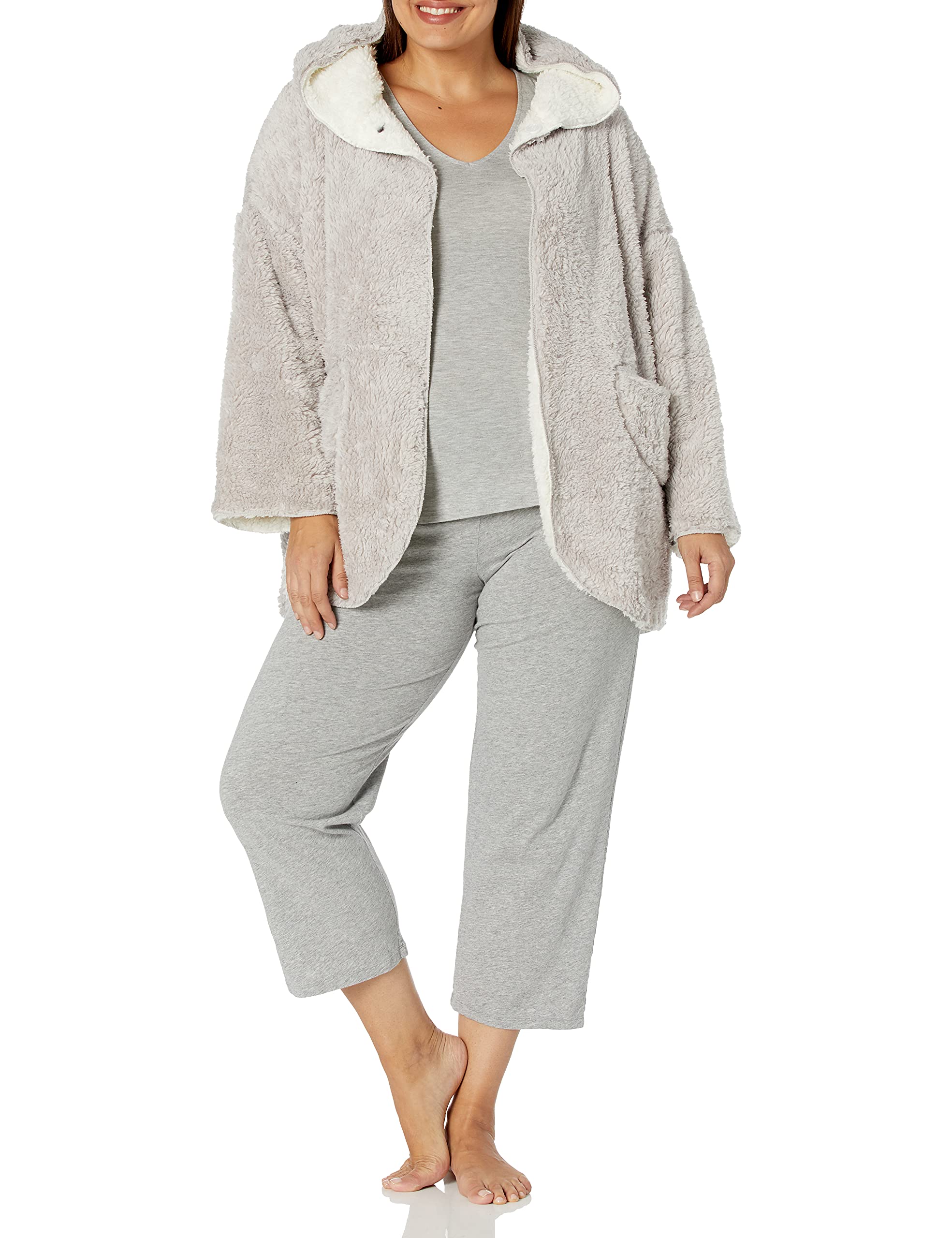 CASUAL MOMENTSWomen's Plus Size 28" Reversible Bed Jacket with Shawl Collar, Button Front, and Patch Pockets