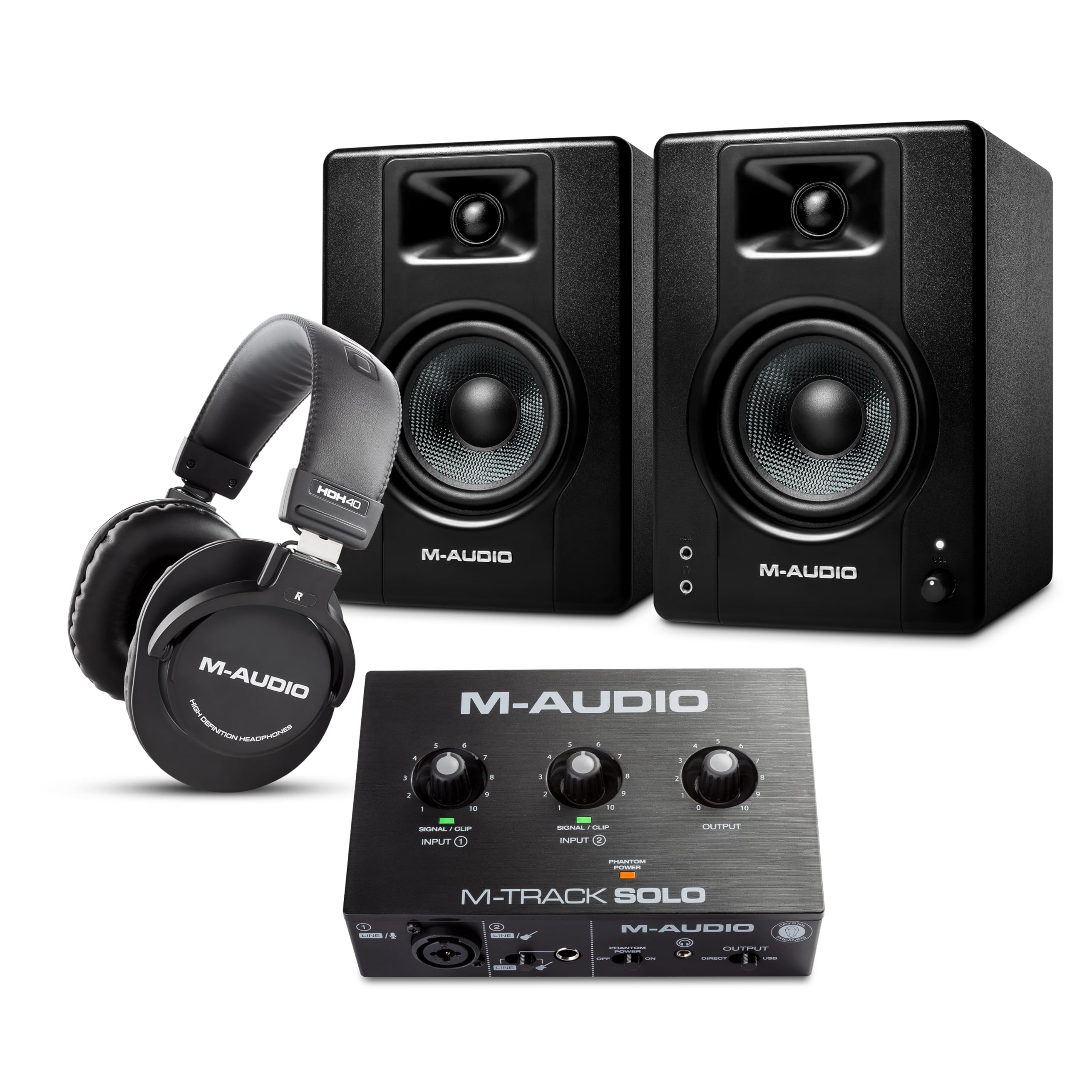 M-AUDIO Pack Paire de Moniteurs de Studio BX4 avec Interface Audio XLR Simple et Casque pour Enregistrement Studio, Production Musicale, Podcasting, Streaming