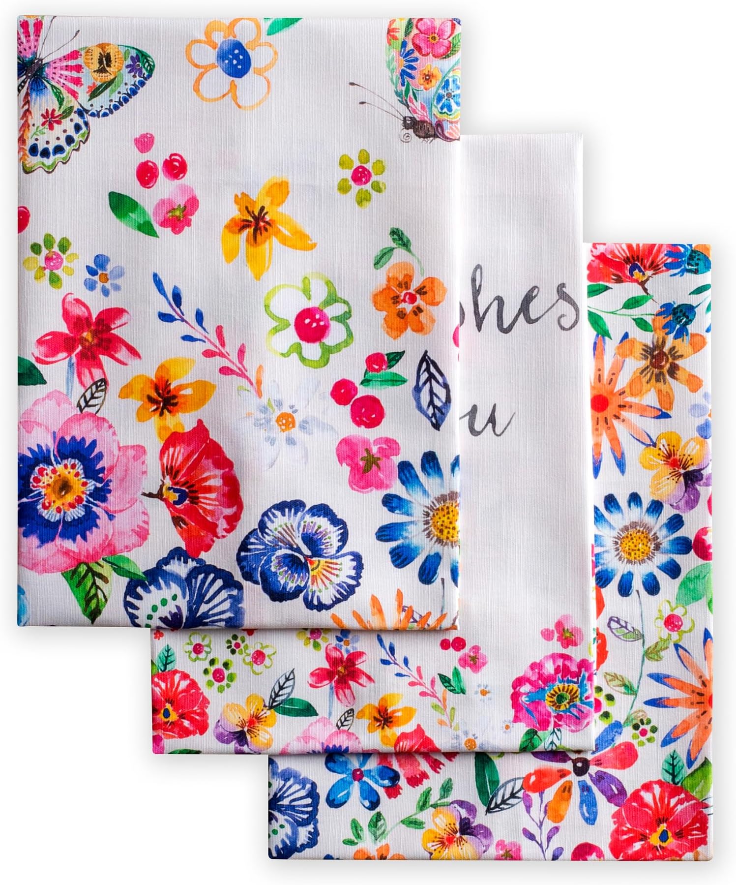 Maison d' Hermine Kitchen Towels Set of 3 100% Cotton 27.50" x 20" Reusable Cloth Tea Dish Towels Absorbent with Hanging Loop for Easter Decorations Spring/Summer (Happy Florals - High Summer)