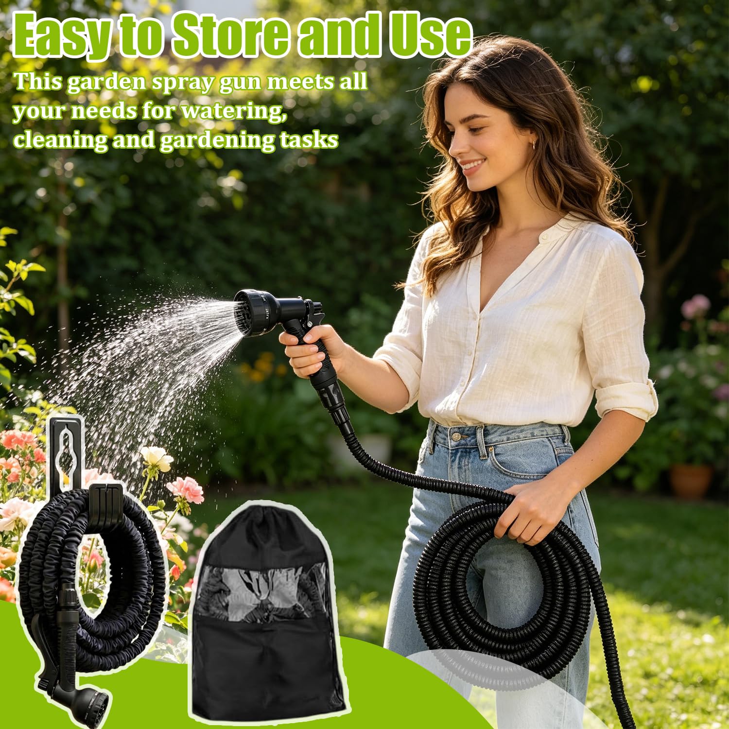 Manguera Extensible 15m, Mangeras Jardineria con Pistola de 8 Funciones, Manguera Jardín, Mangeras Flexible para Jardinería, Man-guera Flexible y Ligera con 3/4" 1/2" Conector, Soporte de Pared, Negro