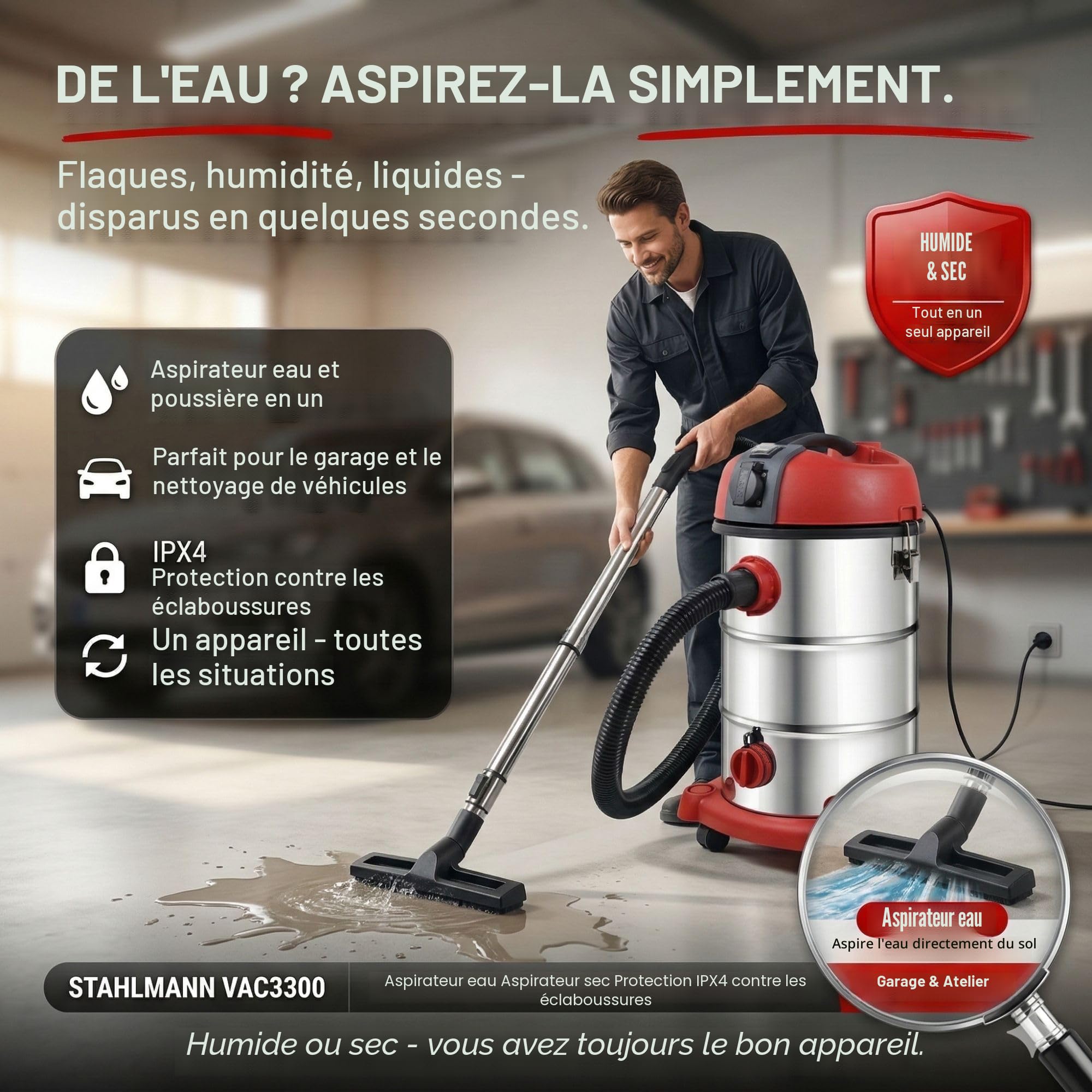 STAHLMANN VAC3300 Aspirateur industriel - Réservoir de 30 l - Prise intégrée - Puissant 3300 W - Avec et sans sac - Fonction soufflage - Connexion machine - Appareil professionnel - Aspirateur