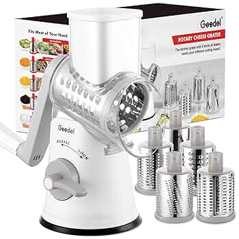 Geedel Rotary Cheese Grater Cheese Shredder - Upgraded 5-in-1 Cheese Grater with Handle and Strong Suction Base, Multi-purpose Vegetable Slicer Ice Shaver Nuts Grinder for Ice, Vegetables, Fruit, Nuts