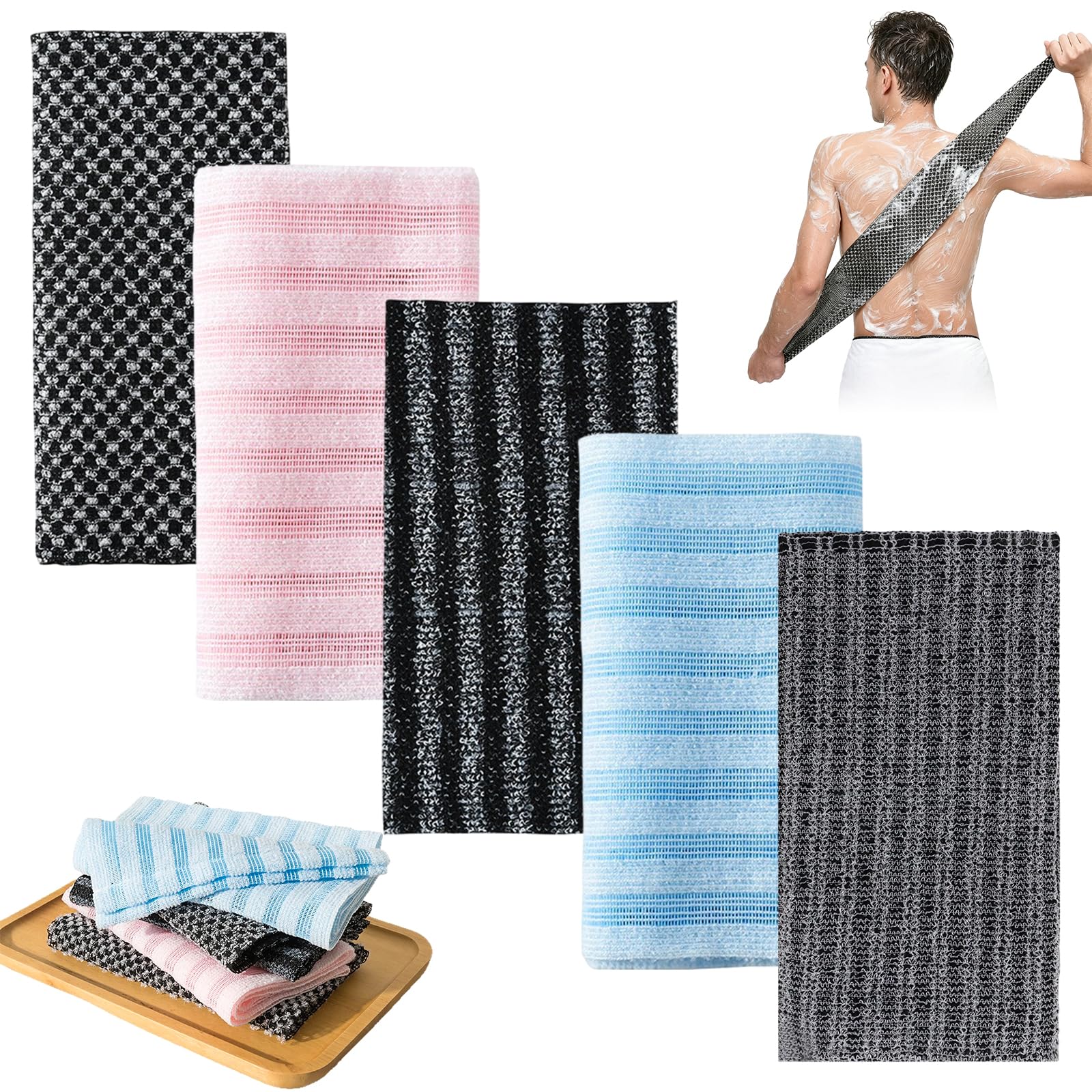 5 Pièces Serviette Exfoliante Douche,Serviette Exfoliant pour le Dos 25 × 100 cm,Serviette de Douche Exfoliante Japonaise,Débarbouillettes pour Homme Femme,Lave Dos Long pour Corps,Dos,Bras et Jambes