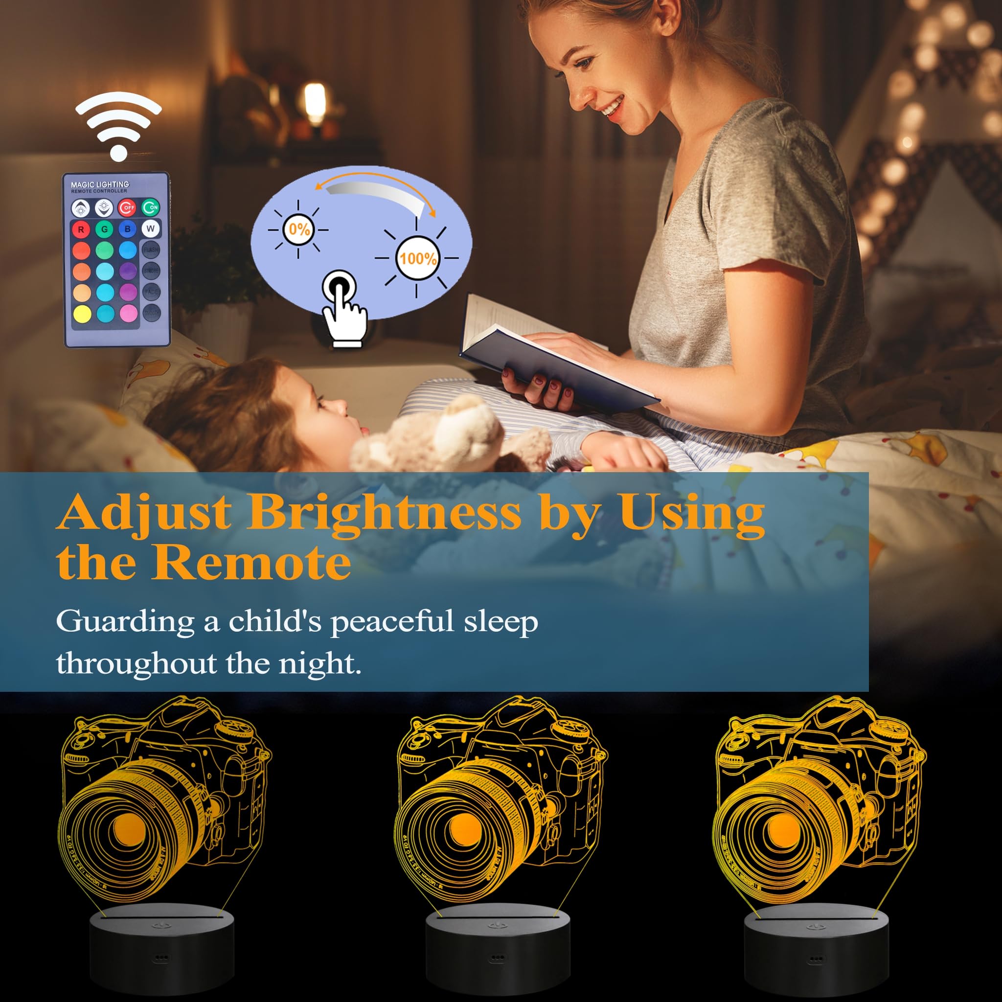 POSSHE Photographer Gifts for Men Camera 3D Night Light with Remote Control, 16 Colors Changing, RGB Flashing Mode, Dimmable - Image 3
