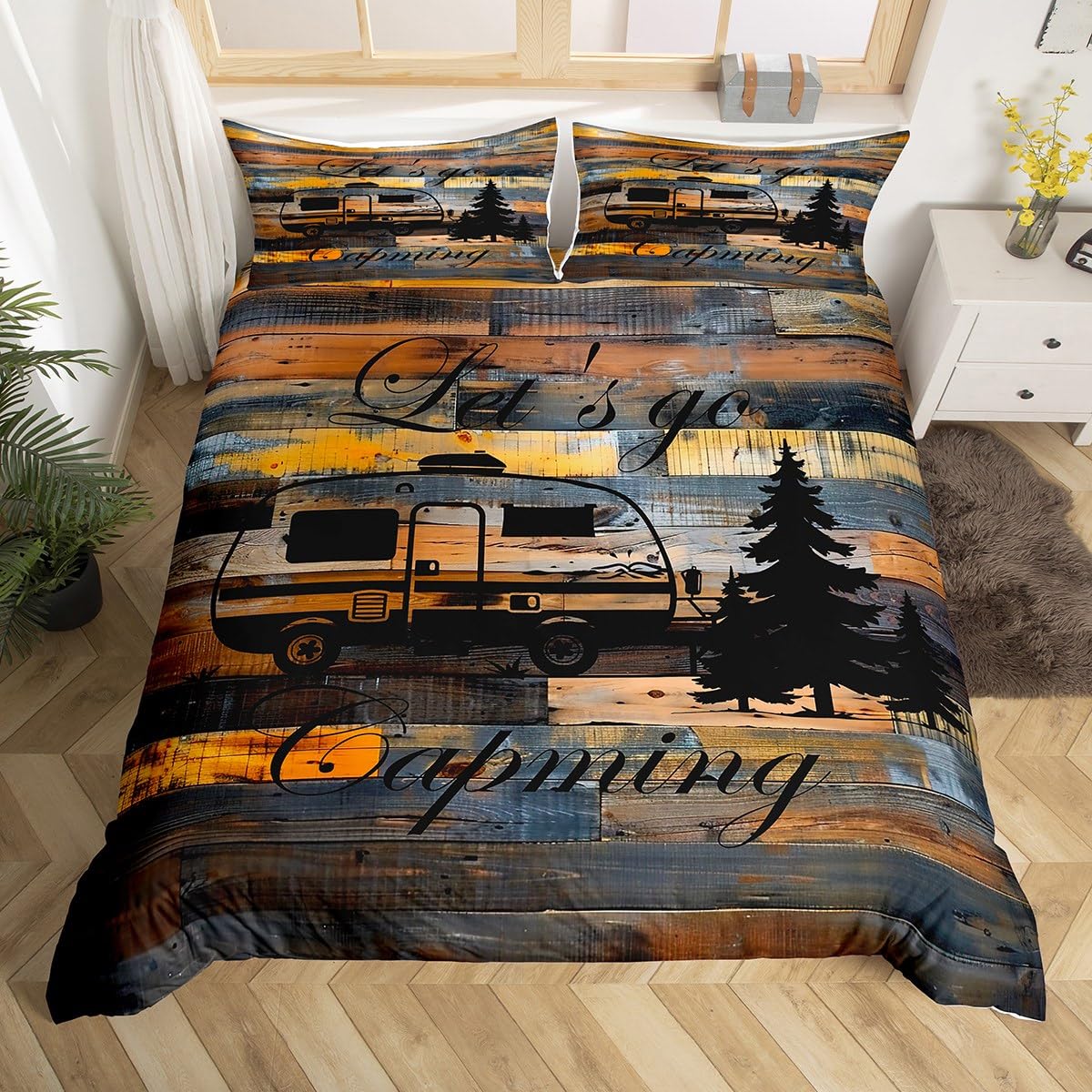 Camper Set Copripiumino Con Cerniera, Microfibra, Stile Legno Vintage, Per Campeggio E Cottage, Varie Misure (135x200, 155x220, 200x200) - 2