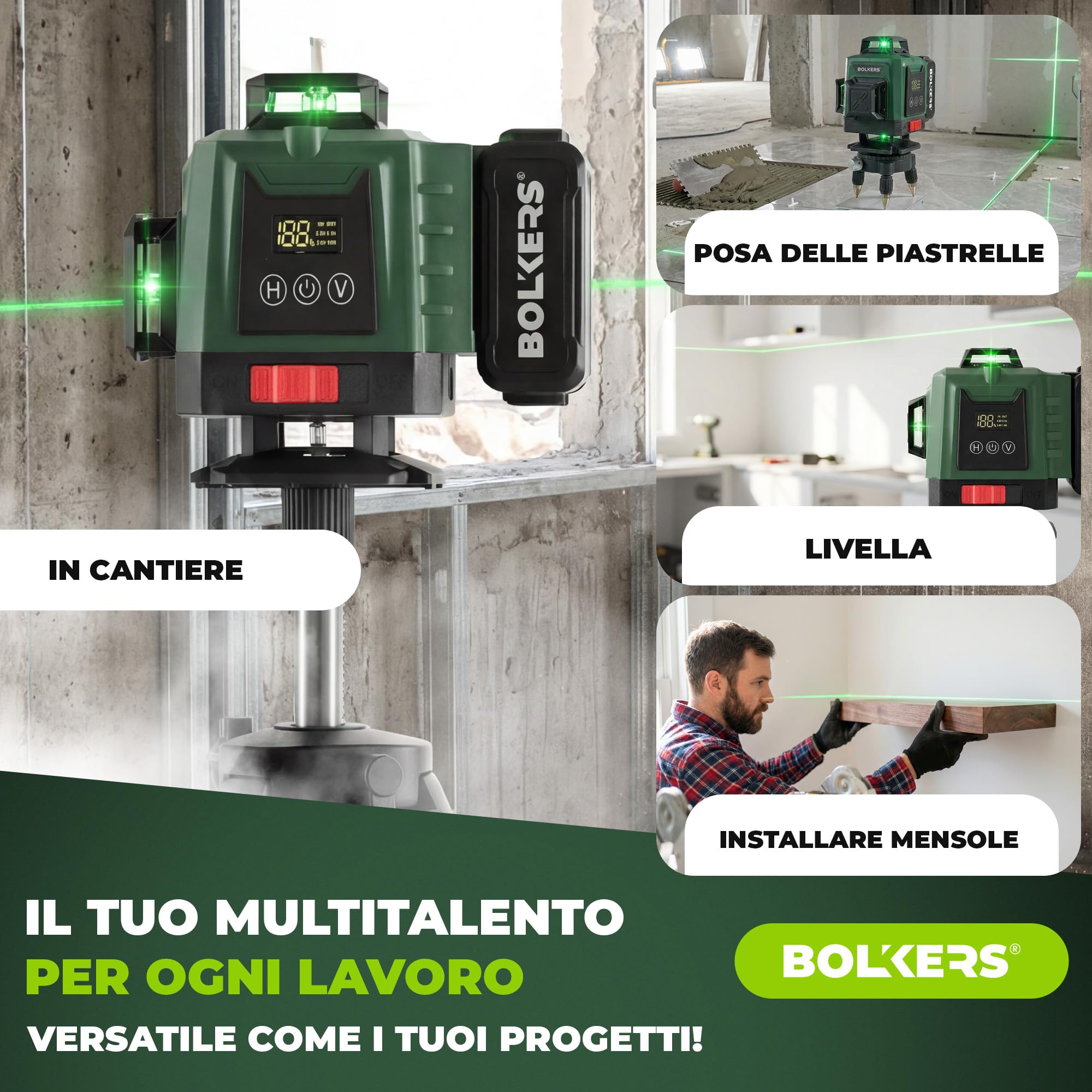 ProLaser 4x360° Livella Laser a Croce con Treppiede - Laser Verde Autolivellante, Livella Laser Edilizia, 16 Linee, 2 Batterie, Custodia & Accessori per Piastrelle, Pareti & Installazione