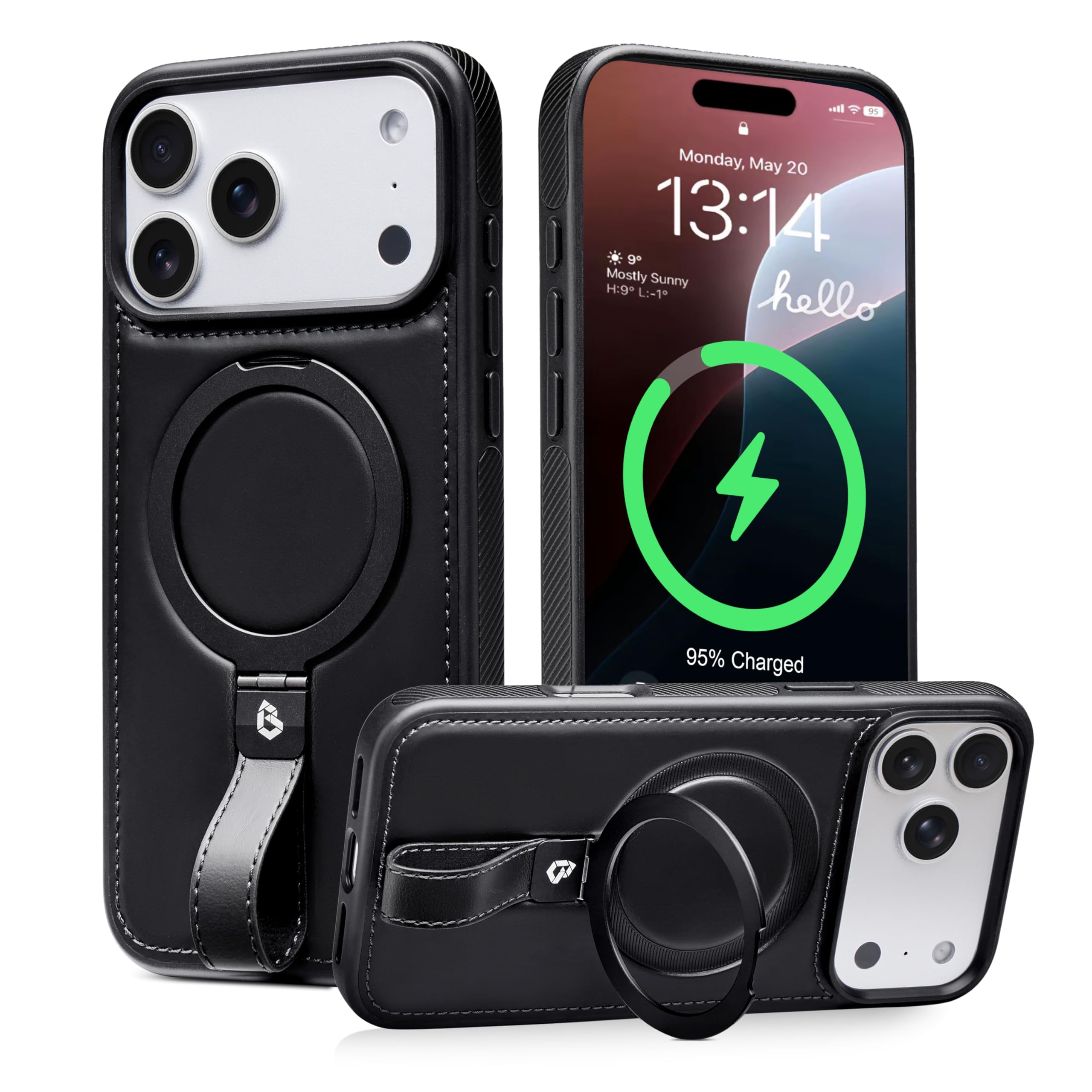for iPhone 17 Pro Max Case Leather Strap with Ring Stand, Black