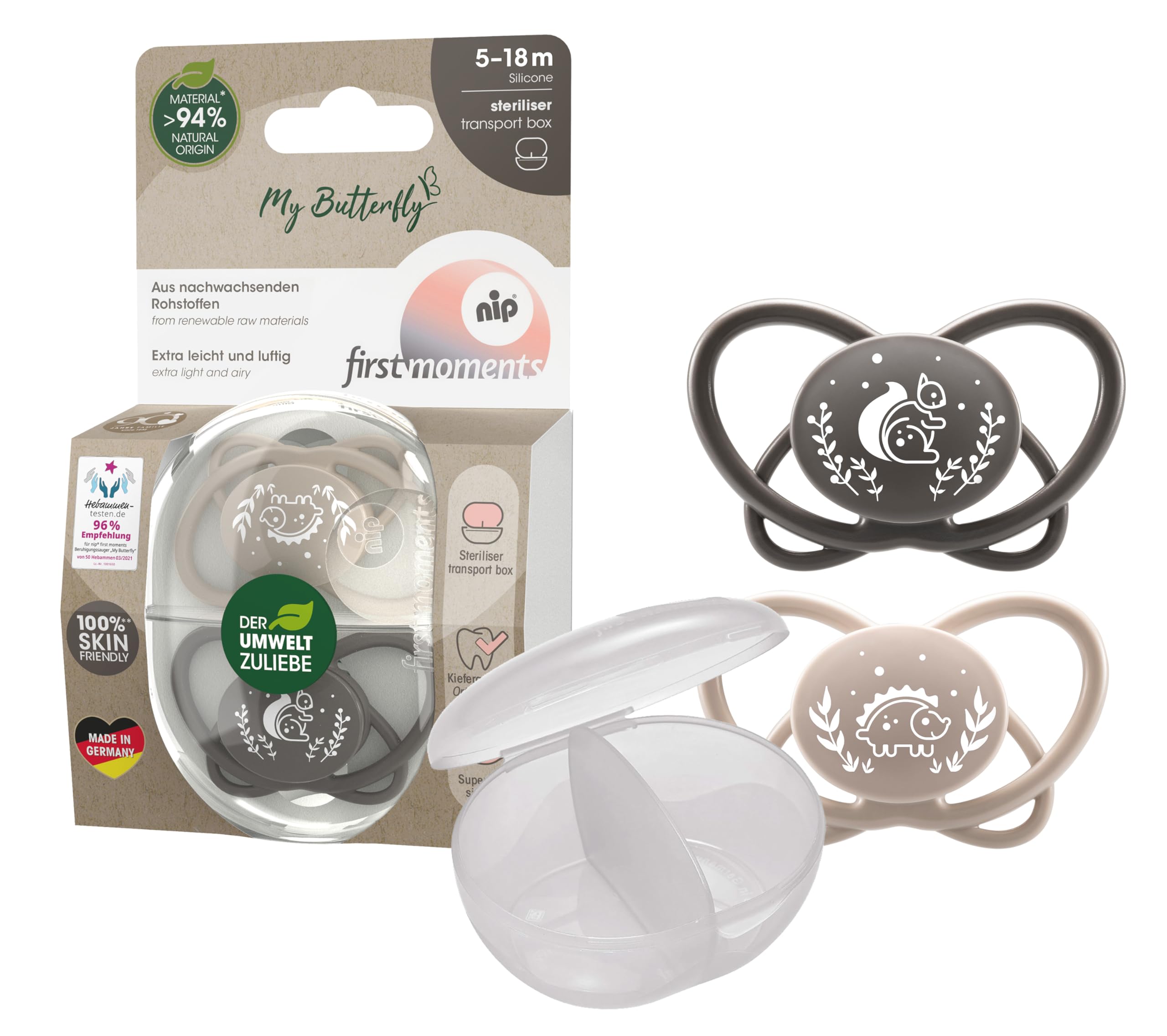 Nip Butterfly Orthodontic Soother with Sterilizer Case, 5-18M,2pcs,Baby Boy & Girl,Ultra-Light Silicone Pacifier,BPA-Free Silicone, Soft Teether for Newborns,Made in Germany, More Air flow