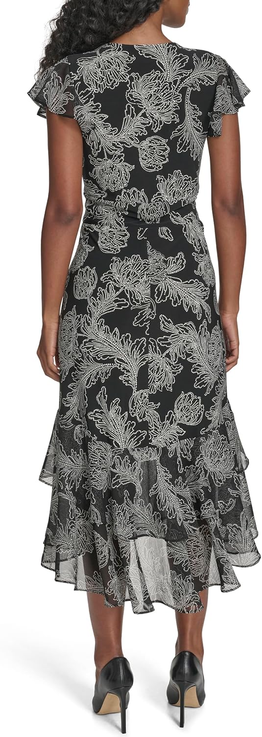 Tommy Hilfiger Womens Flutter Sleeve V-Neck Ruffle Trim Chiffon Hi Lo Dress - Image 3