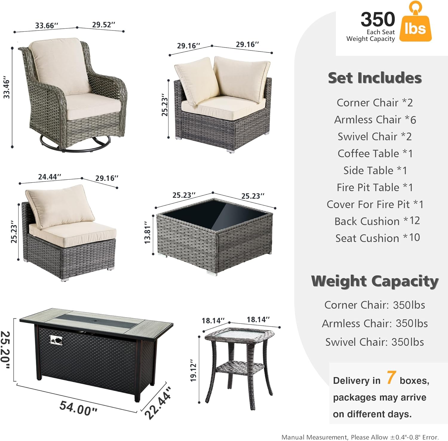 HOOOWOOO Outdoor Patio Furniture with Fire Pit Set 13 Pieces Patio Set with Fire Pit Wicker Outdoor Furniture with Fire Pit Table Set Patio Sectional Set with Swivel Chairs,Beige