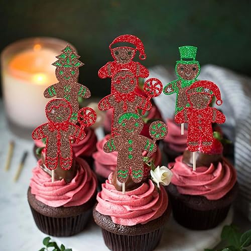 Vista 186 de Rsstarxi Paquete de 30 adornos navideños para cupcakes de hombre de jengibre con purpurina para baby shower, decoración para temática de Feliz