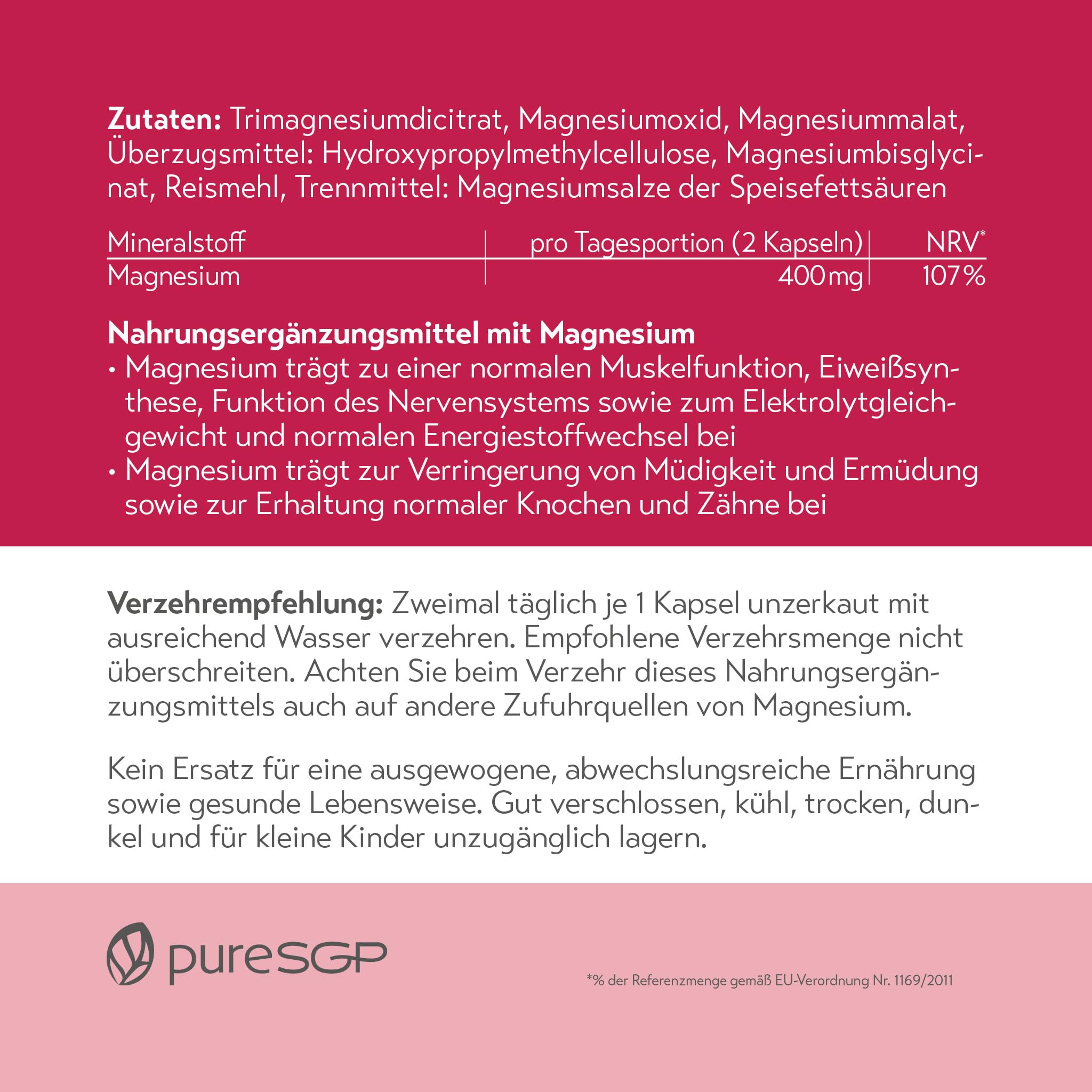 pureSGP Magnesium Komplex - 400 mg reines Premium Magnesium aus 4 hochwertigen Magnesiumformen. Hohe Bioverfügbarkeit. Labor geprüft, hochdosiert. Vegan (2er (120 Stück))