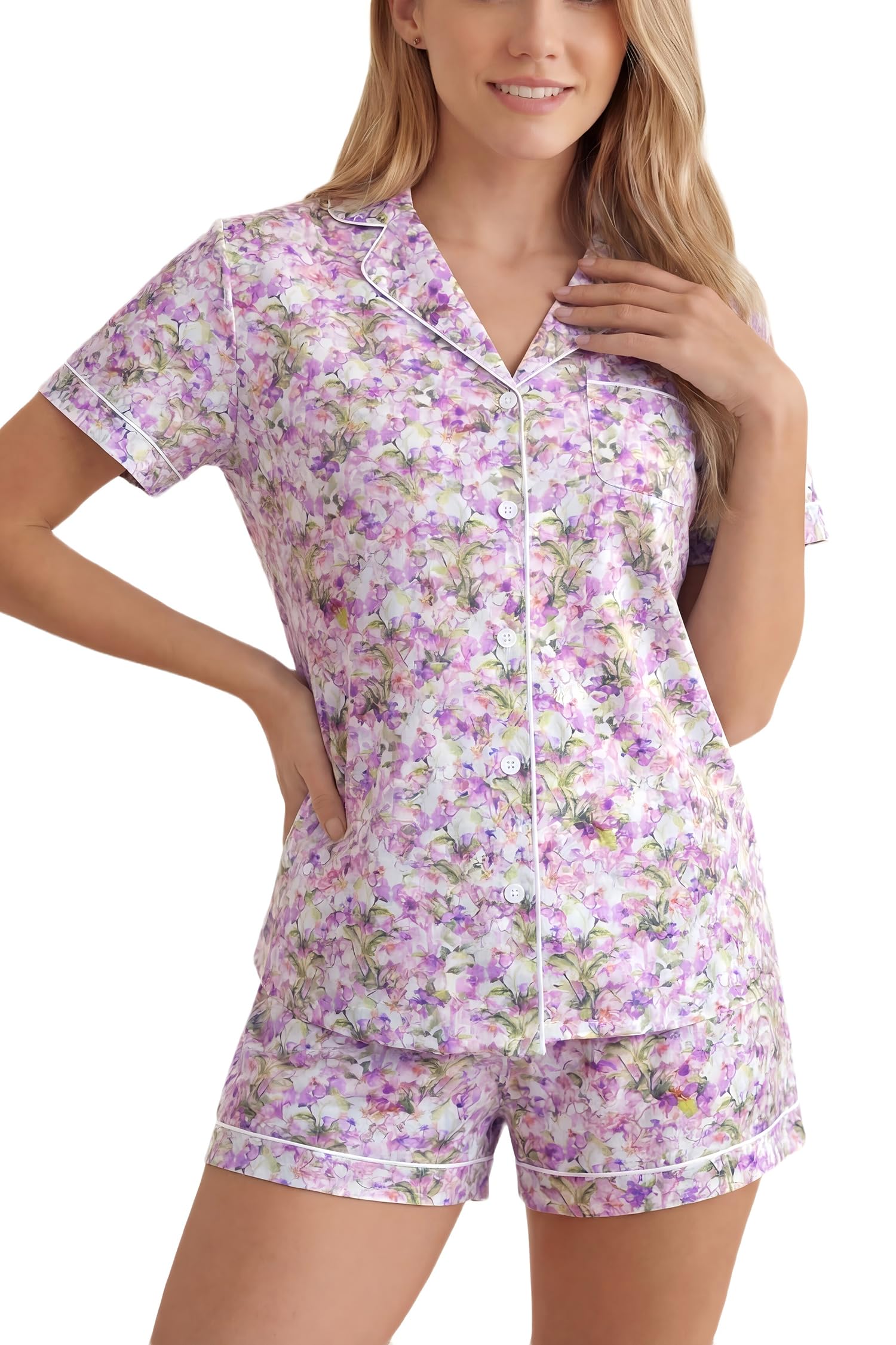 LUBOT 100% Cotton Pajamas for Women 2 Piece PJ Set Poplin Woven Lightweight Ladies Button Short Sleeve Sleepwear S-XXL