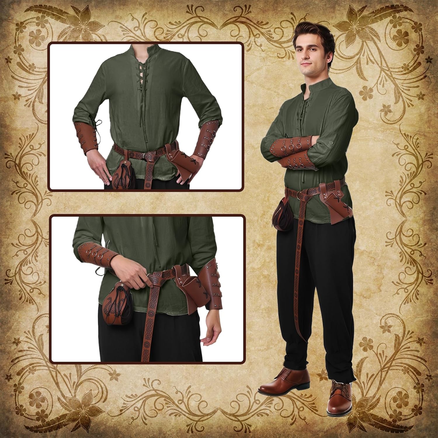 6 Pcs Men's Renaissance Costume Halloween Medieval Pirate Costume Set Viking Shirt Pants Cosplay - Image 2