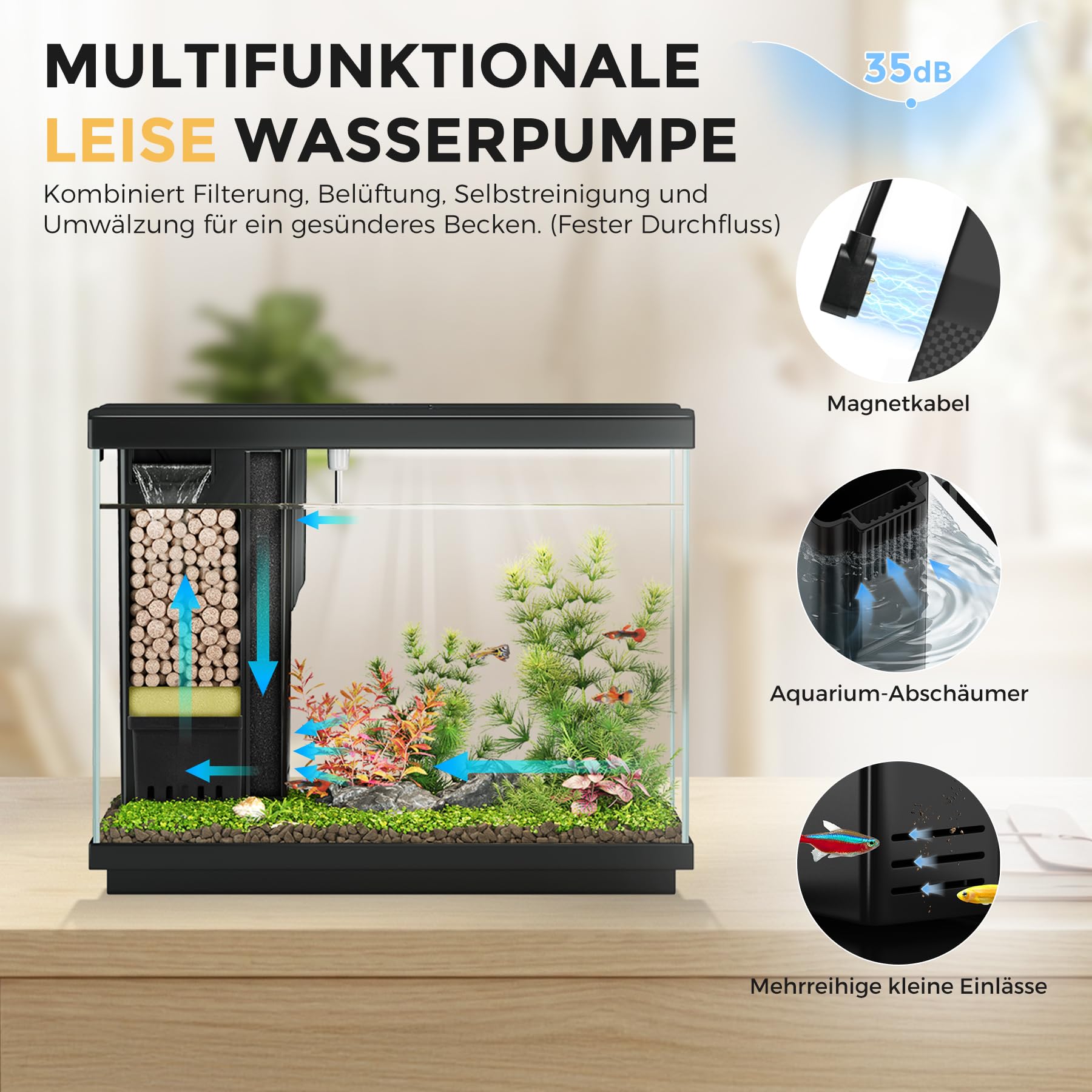 8.3L Kampffisch Aquarium mit 4-in-1 leiser Pumpe & Surface Skimmer, Nano Aquarium Komplettset mit Temperaturanzeige, 8-Farben-Beleuchtung, für Zuhause und Büro (Schwarz, 8.3L)