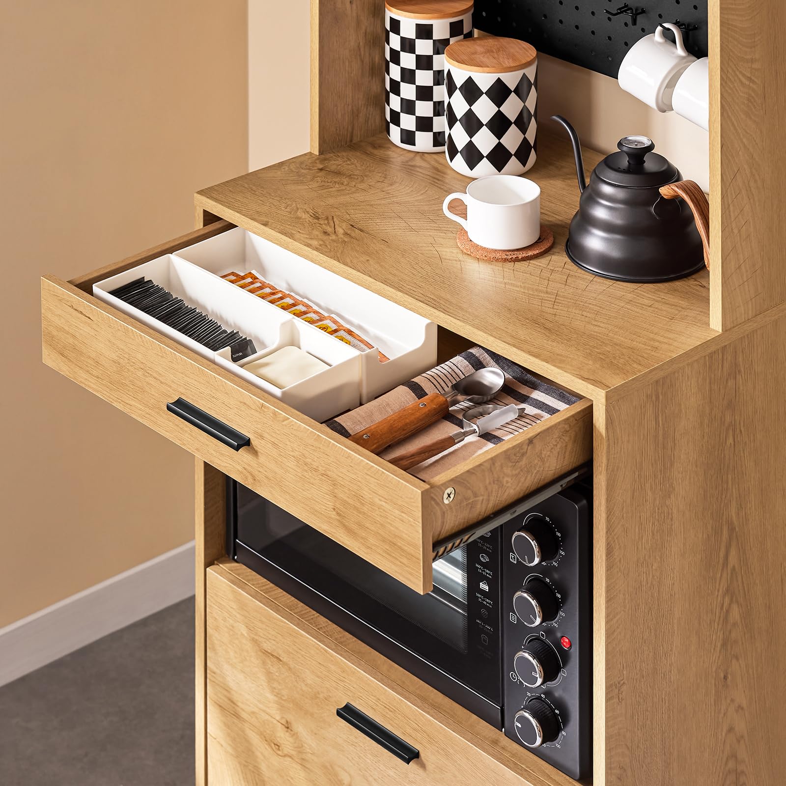 SoBuy Mikrowellenschrank mit Lochwand für Haken & Schublade, 60x170x40cm | Hochschrank mit offenem Fach & viel Stauraum, 10 kg je Fach/5 kg Schublade, PB, für Küche & Vorratsraum & Büro, FSB98-N