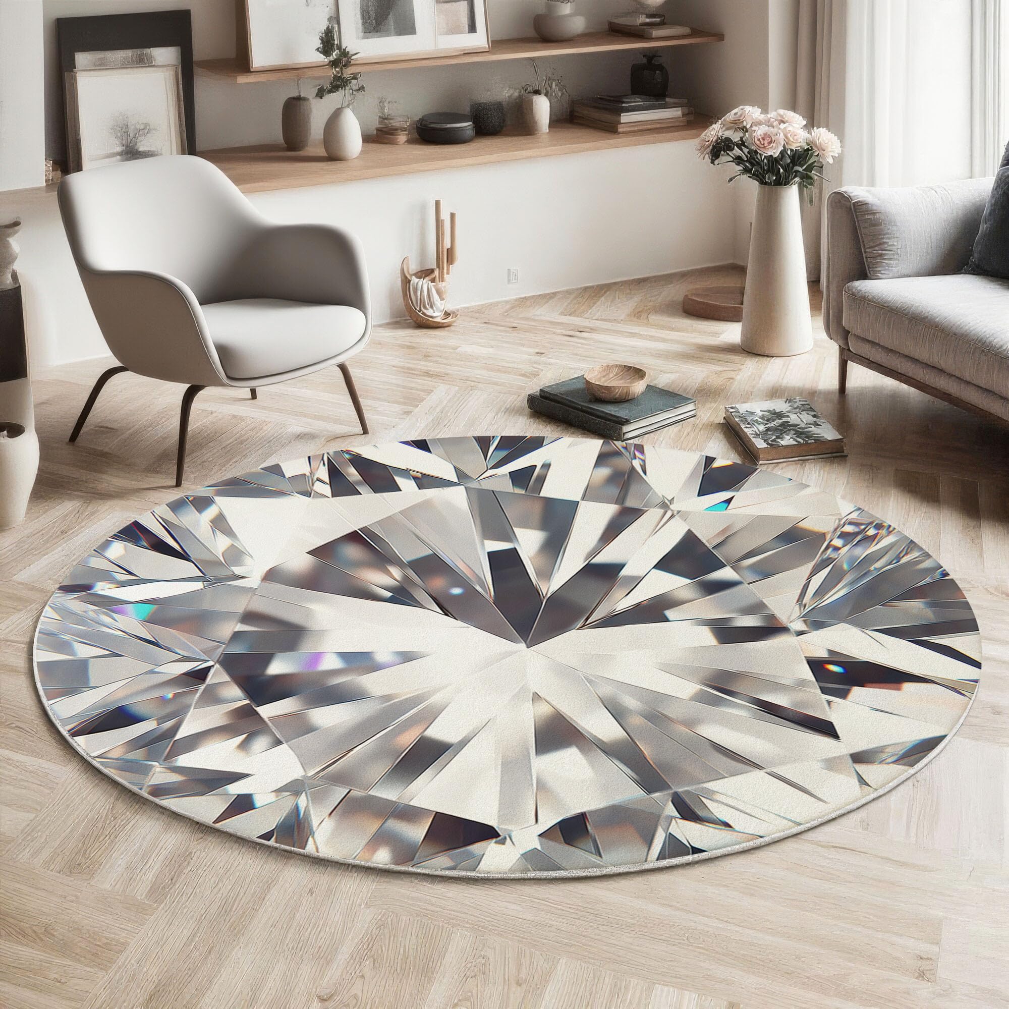 Tapis rond irréel shine diamant argent 80cm pour salon moderne