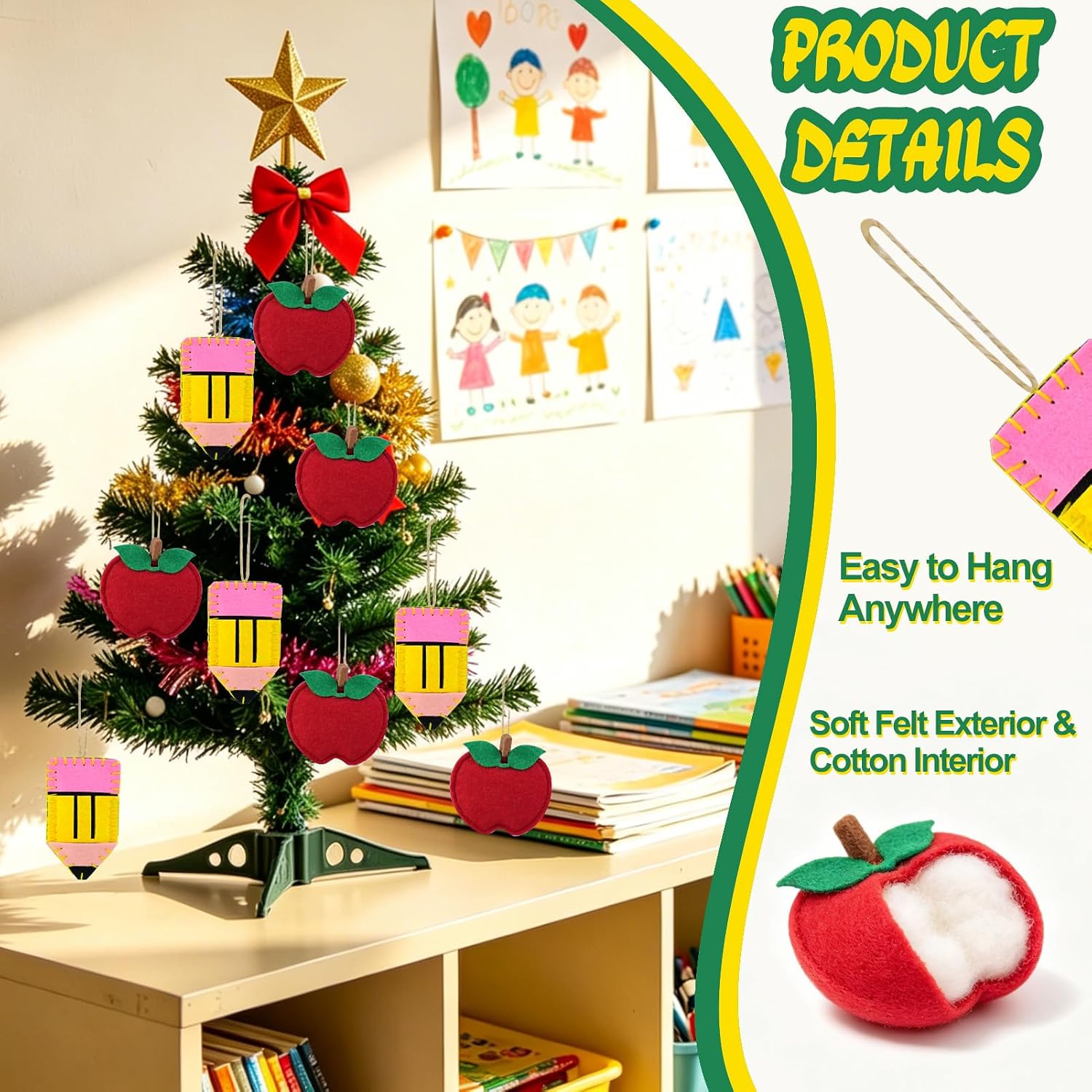 16 Pcs Back to School Felt Ornaments Set 3D Apple Pencil Hanging Decorations First Day of School Welcome Back to School Party Decor for Kids Students Classroom Home Wall Tree Decoration Supplies