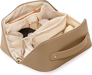 Travel Makeup Bag, Large Capacity Cosmetic Bags for Women,Waterproof Portable Pouch Open Flat Toiletry Bag Make up Organizer with Divider and Handle (Light Brown)